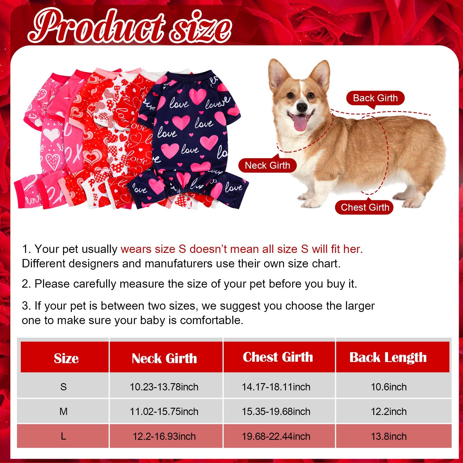 6 Pack Valentines Dog Pajamas Heart Pattern Dog Clothes Dog Costumes For Small Medium Large Puppy Dog Cat Valentines Party Cosplay (Large)