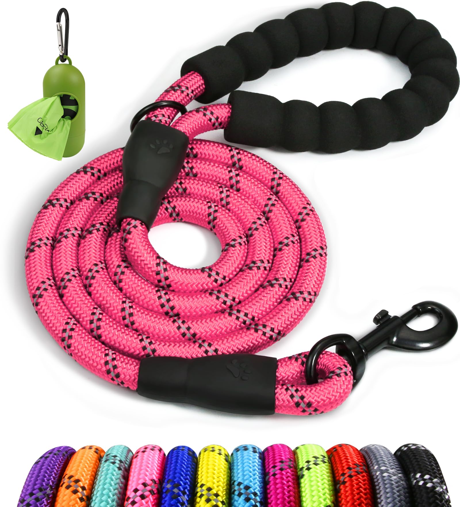 Taglory Rope Dog Leash 4 Ft With Comfortable Padded Handle, Highly Reflective Threads Leash For Medium Large Dogs, 1/2 Inch, Pin