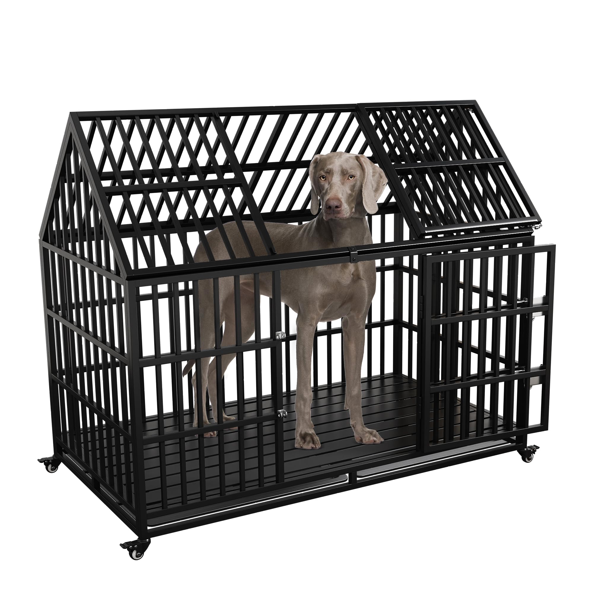 54 Inch Heavy Duty Indestructible Dog Crate, Escape Proof Dog Cage Kennel With Lockable Wheels, High Anxiety Double Door, Extra 