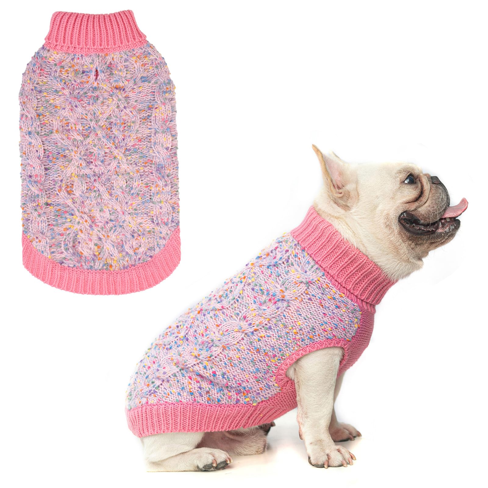 Beautyzoo Xs Dog Sweater, Color Dot Knitted Turtleneck, Acrylic, Pink, Sweater, For Small Medium Dogs, Fall Winter Dog Clothes