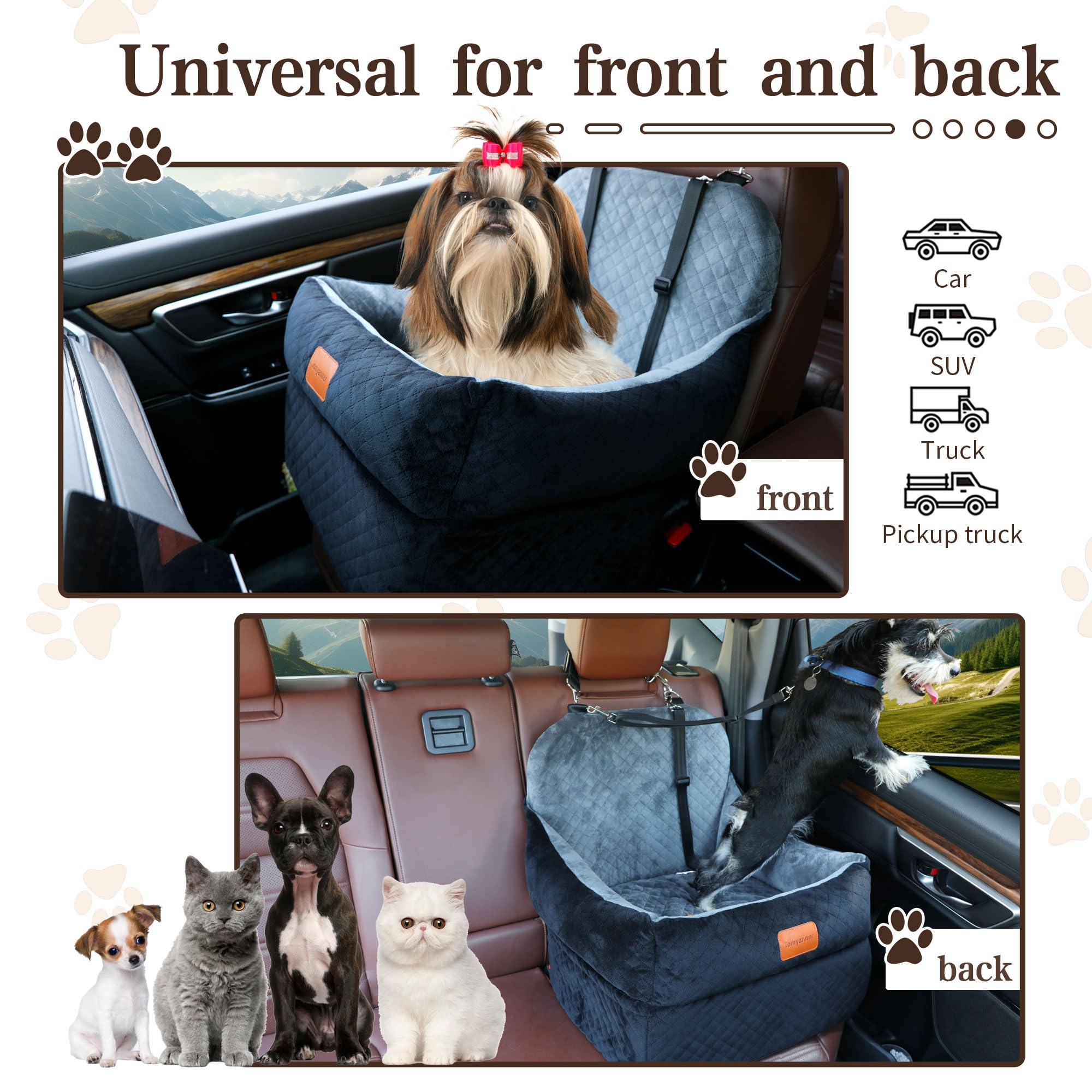 Dog Car Seat-Dog Booster Car Seat with 7Interior Height,Pet Travel Car Seat with 2 Safety Leashes,Car Dog Seat Restraint Small