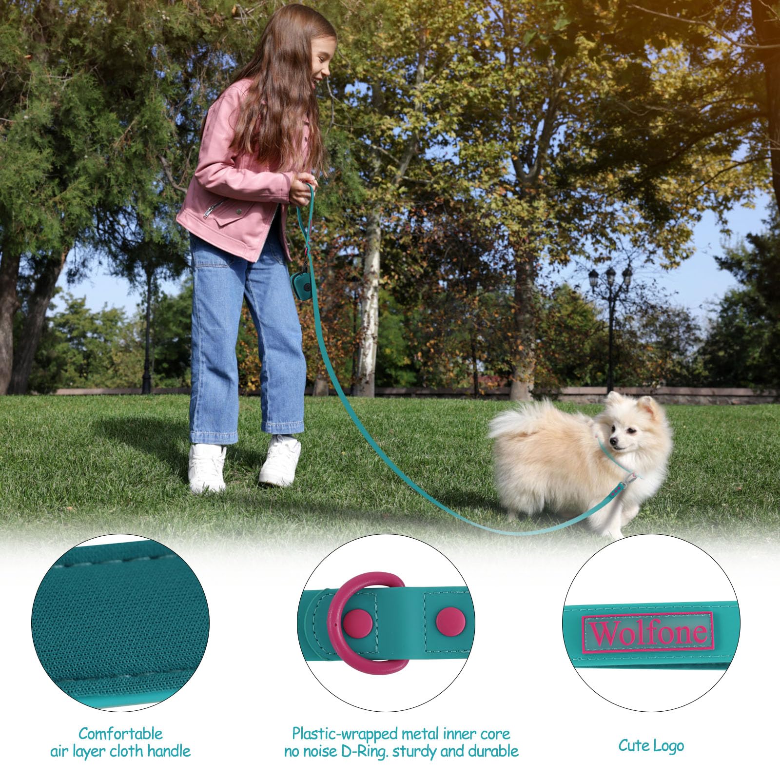 Wolfone 6Ft Safety Auto-Lock Carabiner Dog Leash Soft Handle Waterproof Cute Colored Leash For Dogs Viridian Green