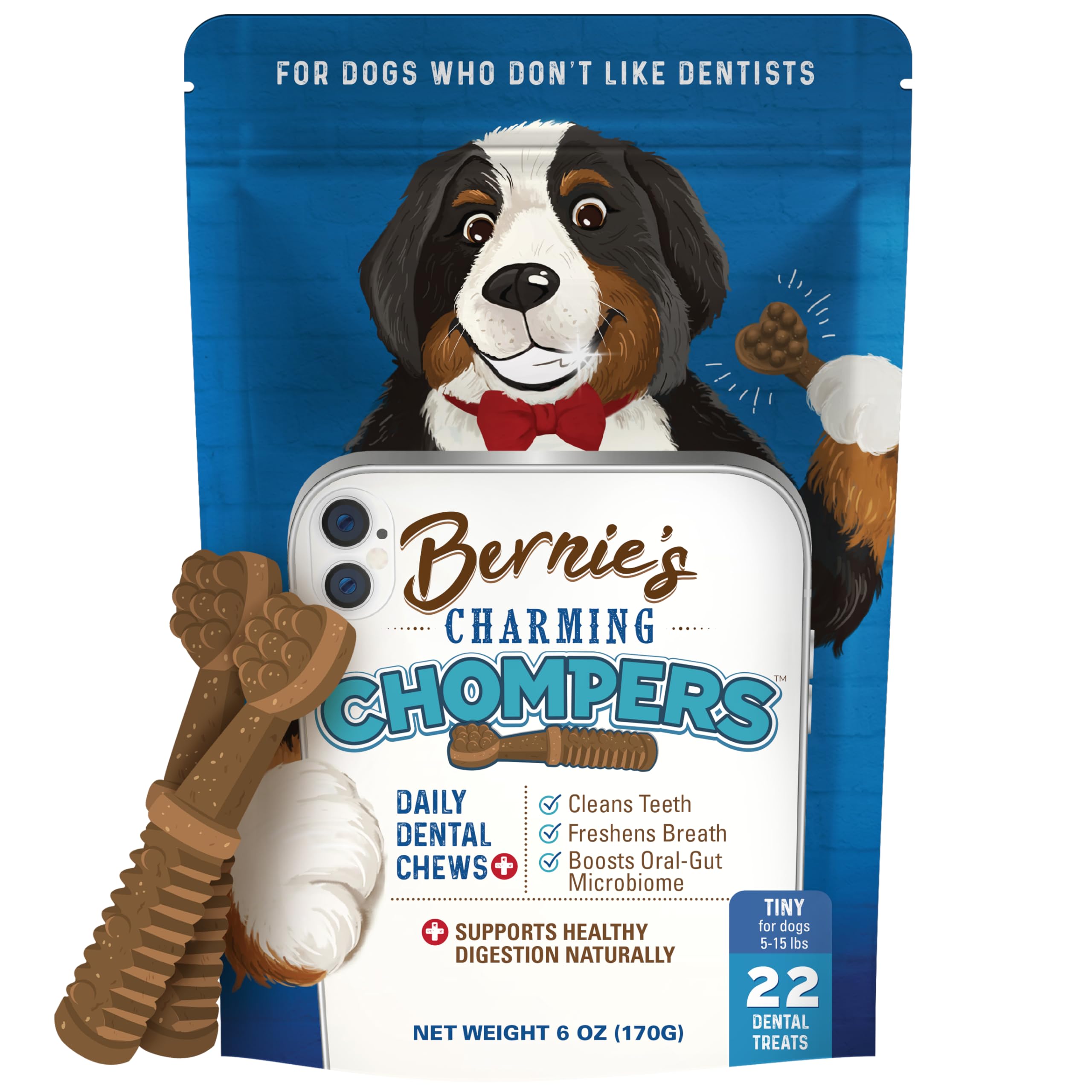 Bernie's Daily Dental Chews for Dogs, 22 Count, 6 oz - Cleans Teeth & Freshens Breath for Dogs 5-15 lbs