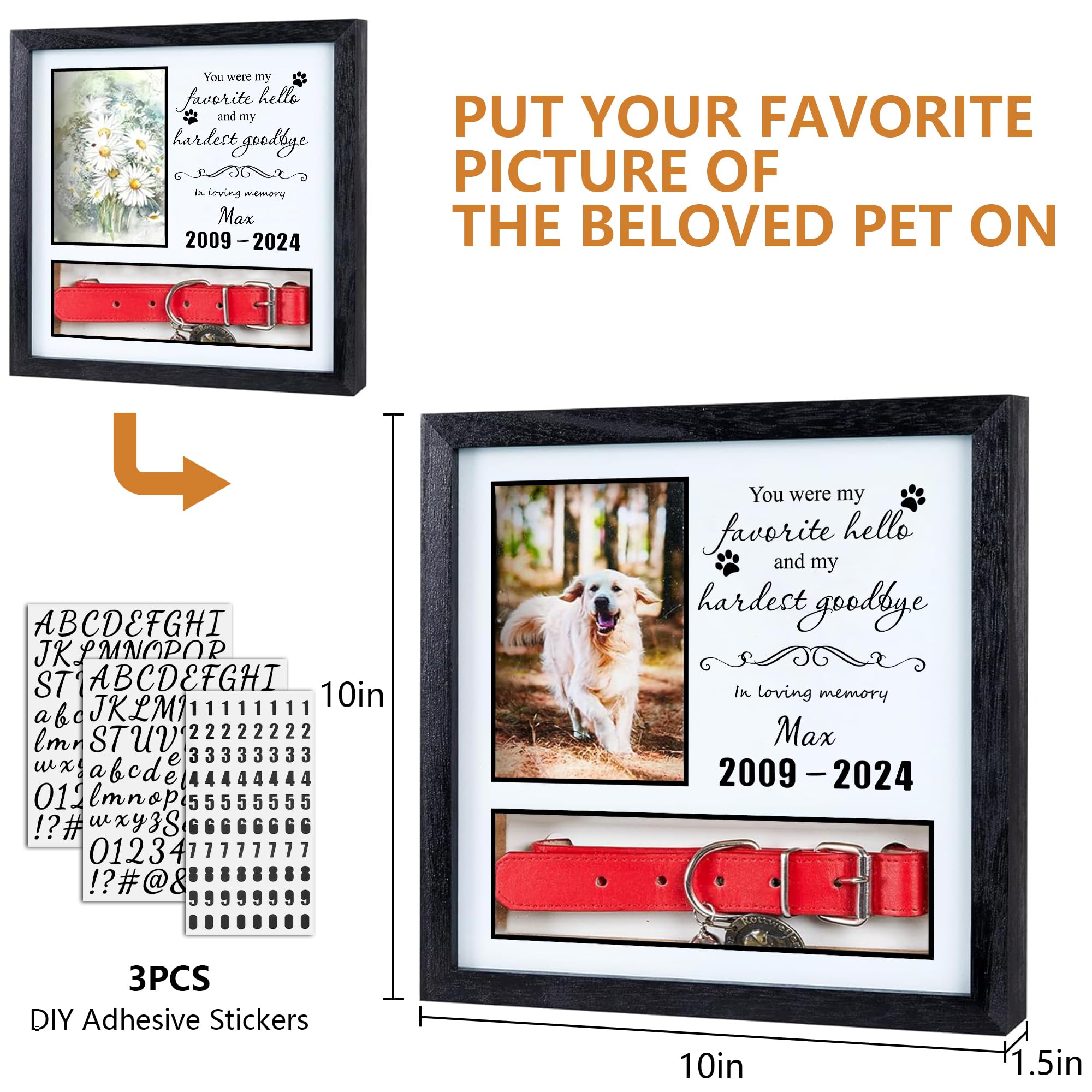 10''X10''Pet Collar Memorial Shadow Box Dog Picture Frame, Cat Or Dog Memorial Gift Pet Sympathy Remembrance Gift Keepsake For M