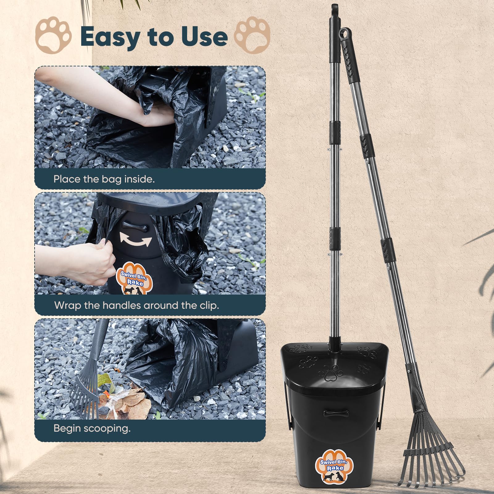 Ulugt Stainless Steel Dog Pooper Scooper,40'' Long Handle Swivel Bin And Rake,20 Waste Bags - Heavy Duty Portable Metal Poop Sco