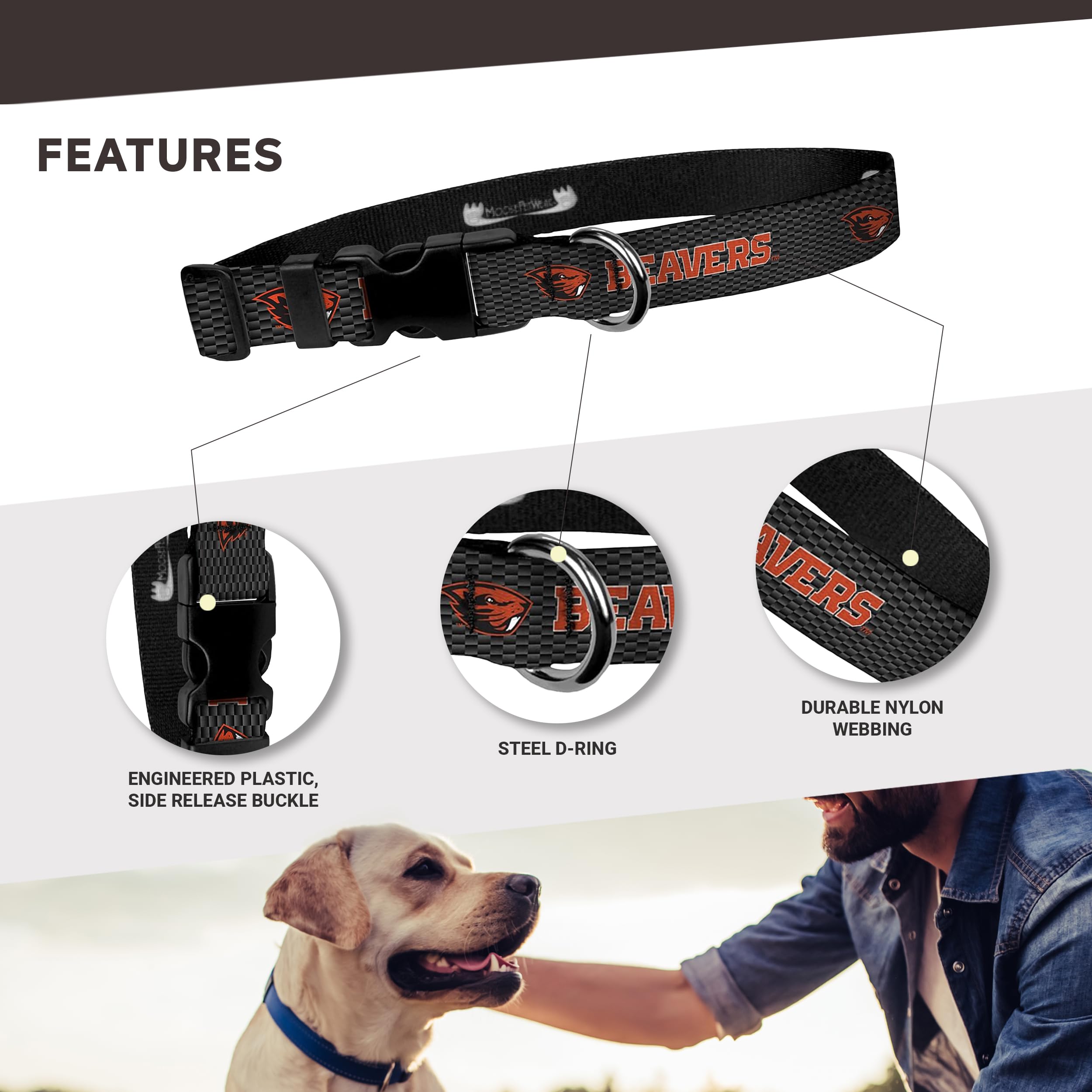 Moose Pet Wear Dog Collar - Oregon State University Beavers Adjustable Pet Collars, 1 Inch Wide, Large, Carbon Fiber