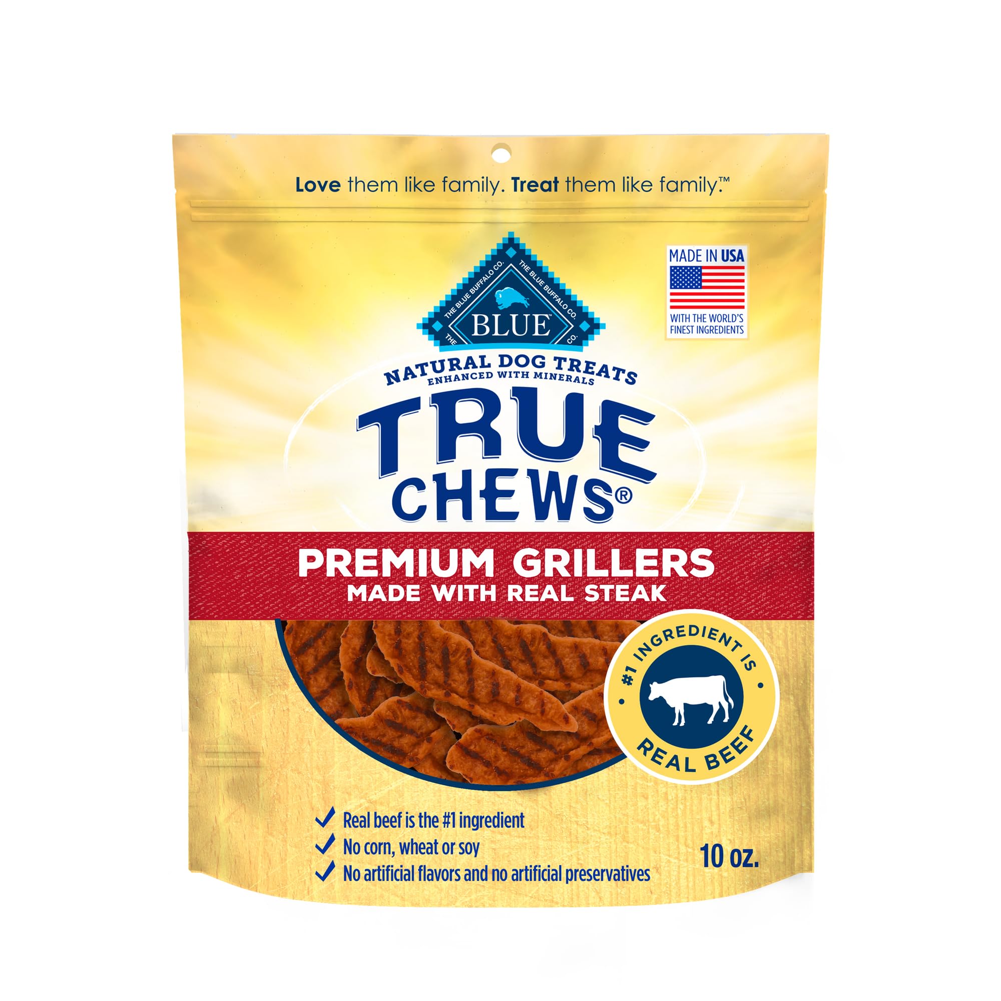 Blue Buffalo True Chews Premium Grillers Dog Treats, Made in the USA with Natural Ingredients, Steak, 10-oz Bag