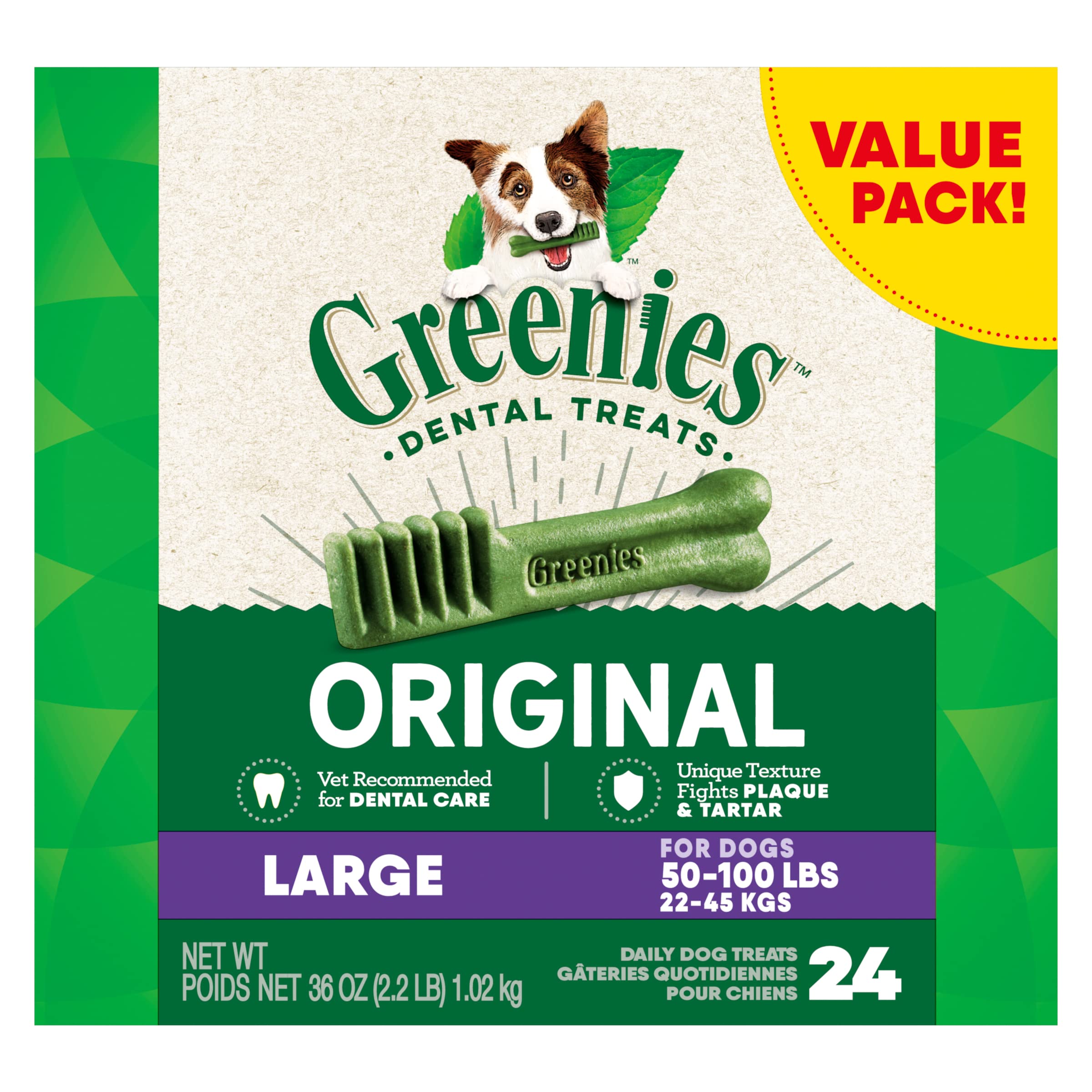 Greenies Original Large Dental Care Dog Treats, 36 oz (24 Treats), 2.25 lb - Natural, Healthy Chew for Dogs