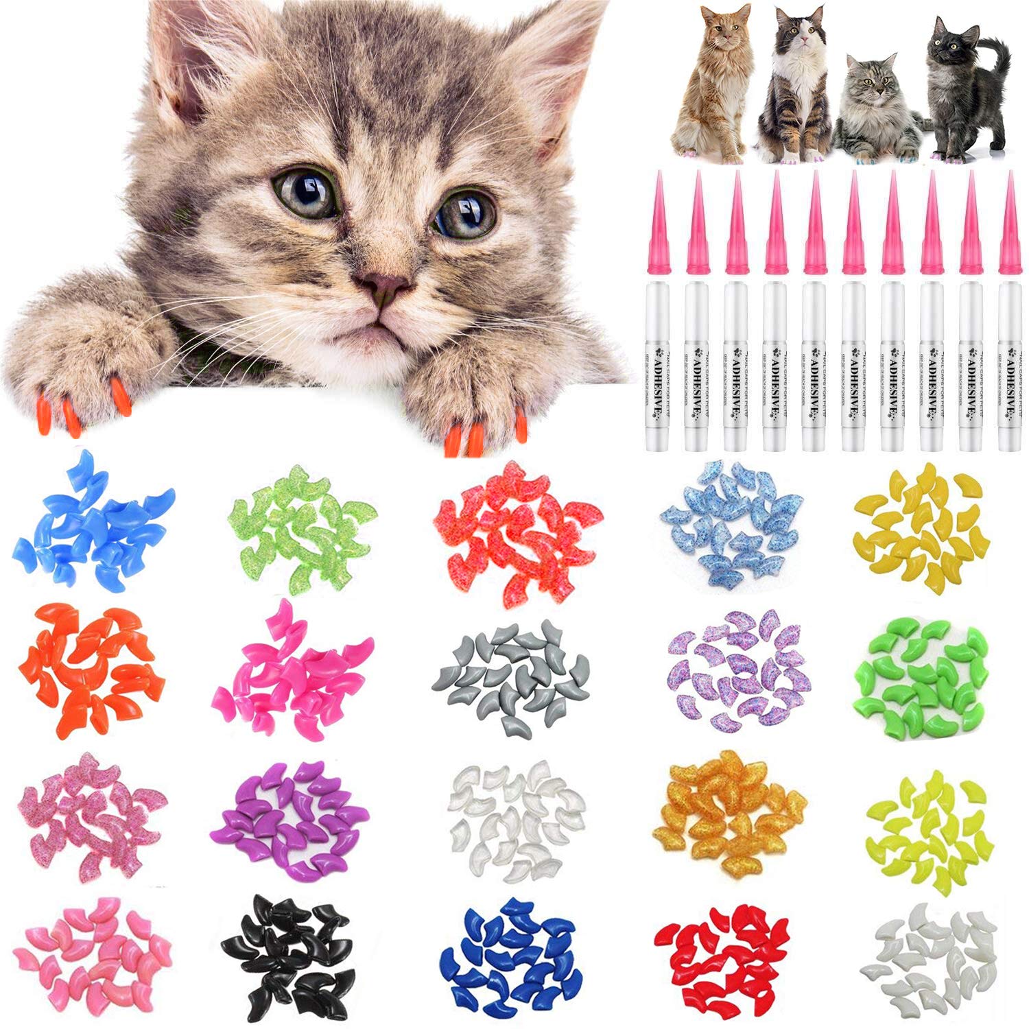 Joyjuly 100Pcs Cat Nail Caps Kitten Caps Cat Caps Cat Nail Covers With 5Pcs Adhesive Glue+5Pcs Applicators+Instruction
