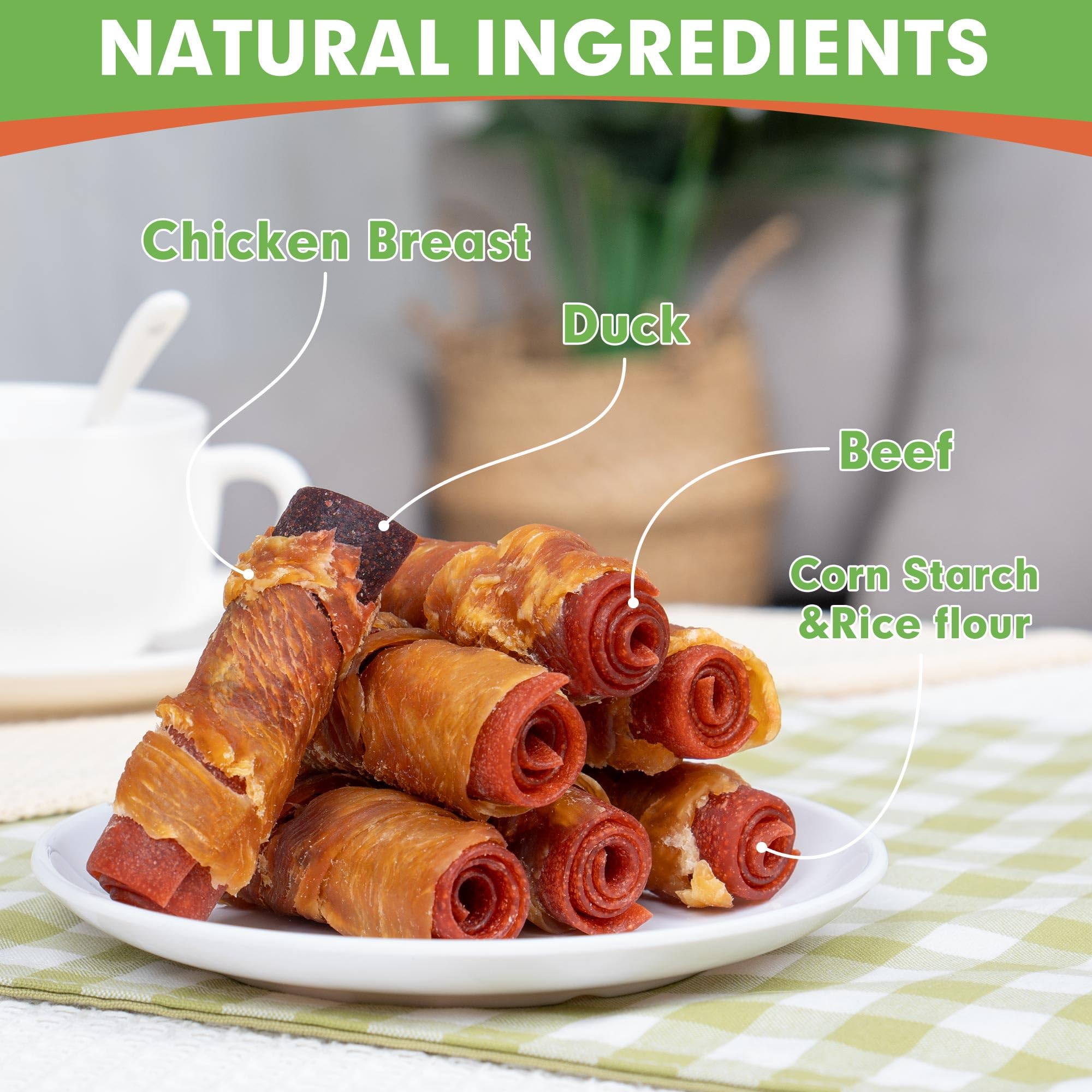 MON2SUN Rawhide Free Dog Treats, 3 Inch Triple Flavor Chicken Wrapped Duck and Beef Rolls for Small Dogs, Healthy Snacks, 13.23o