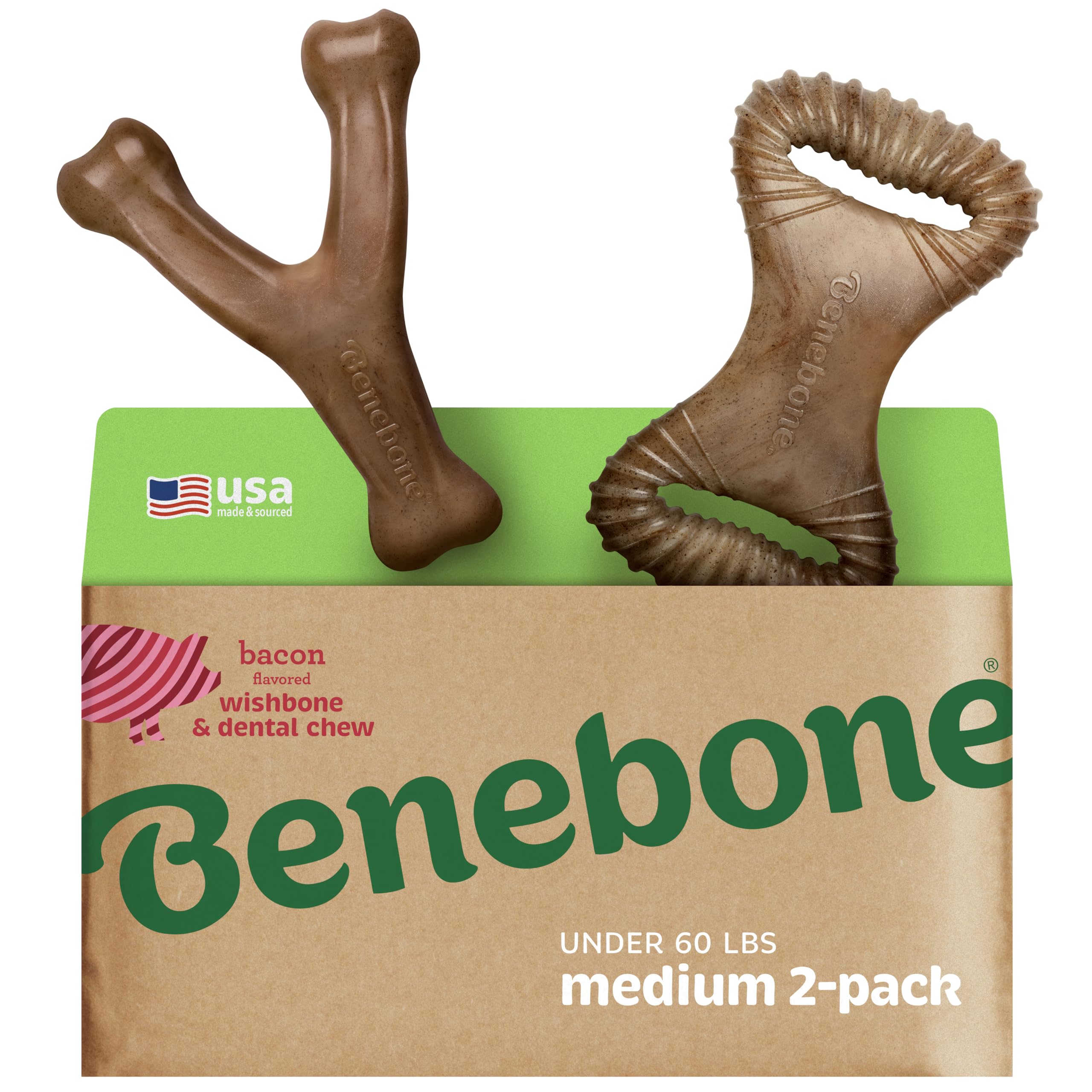 Benebone 2-Pack Wishbone/Dental Durable Dog Chew Toys, Dog Toys For Aggressive Chewers, Real Bacon, Made In Usa, Medium