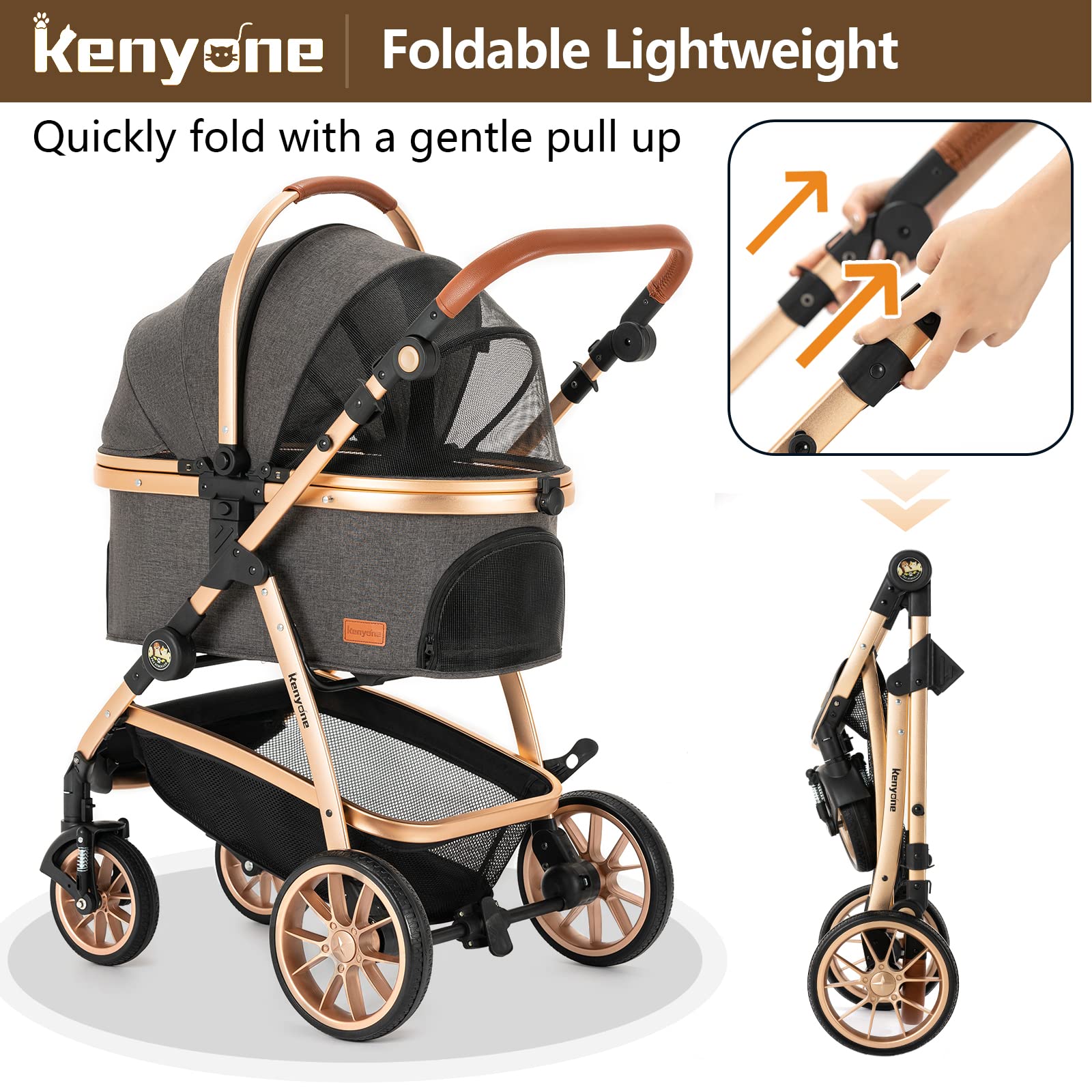 Kenyone Pet Stroller 3 In 1 For Medium Small Size Dogs Luxury Large Cat Stroller Detachable Carrier For Puppy, Kitty, Doggie (C5