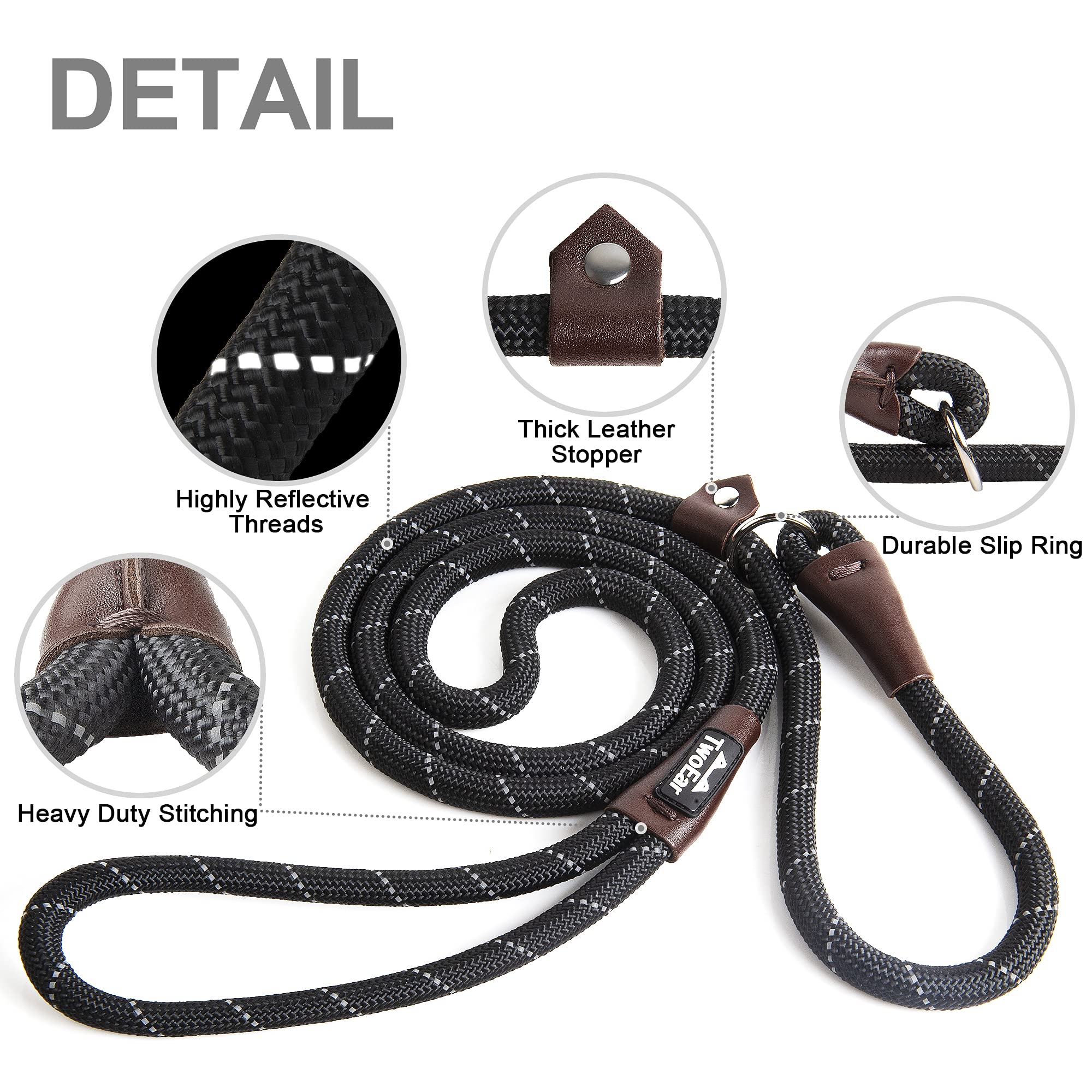 Twoear Dog Leash Dog Slip Rope Leash 6Ft Dog Training Leash Heavy Duty Strong Slip Lead Highly Reflective Threads For Small Medium And Large Dogs (Slim(3/8''X6Ft), Black)