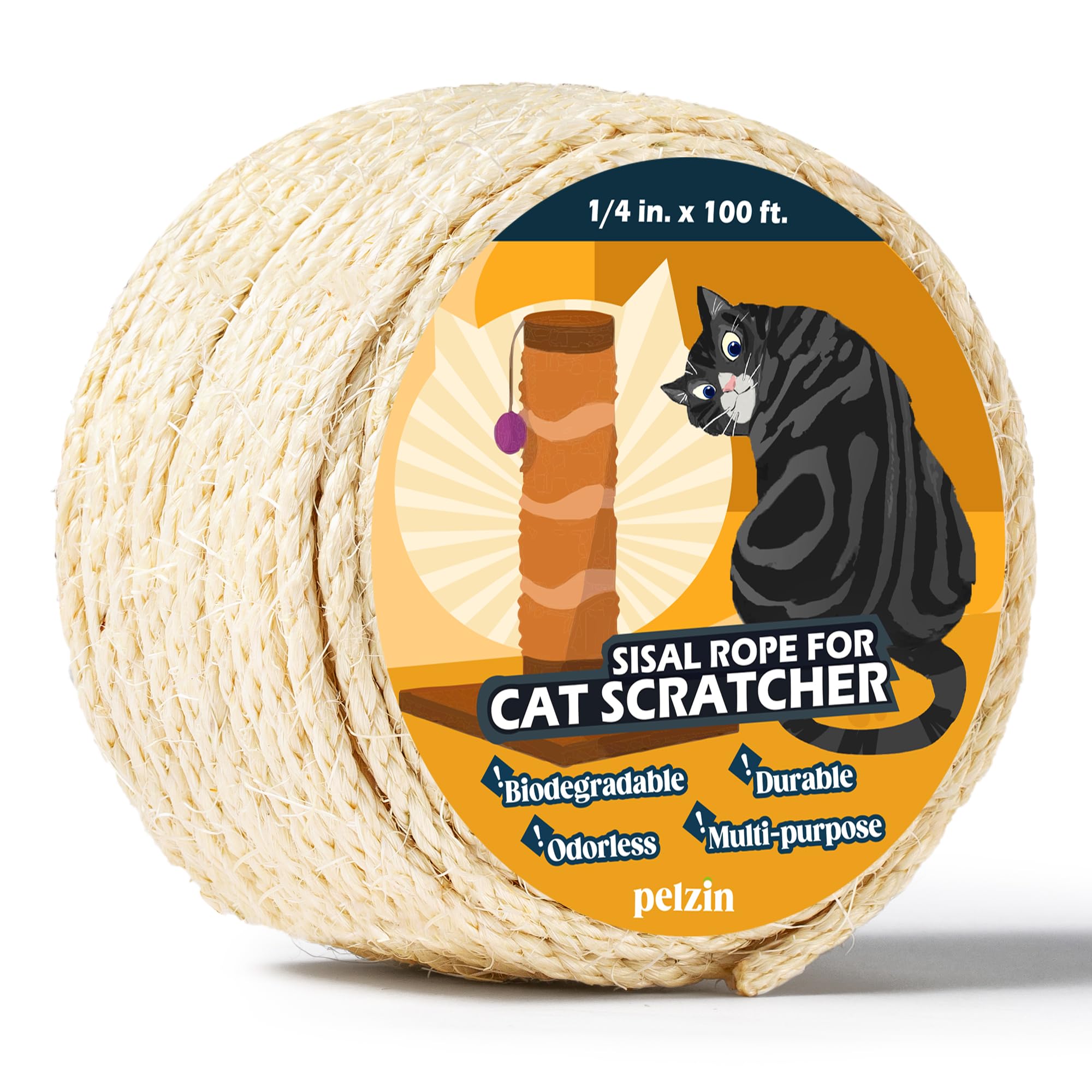 Pelzin Natural Sisal Rope For Cat Scratcher 1/4 Inch By 100 Feet, Cat Tree Rope Twine For Cat Scratching Post Replacement, Cat T