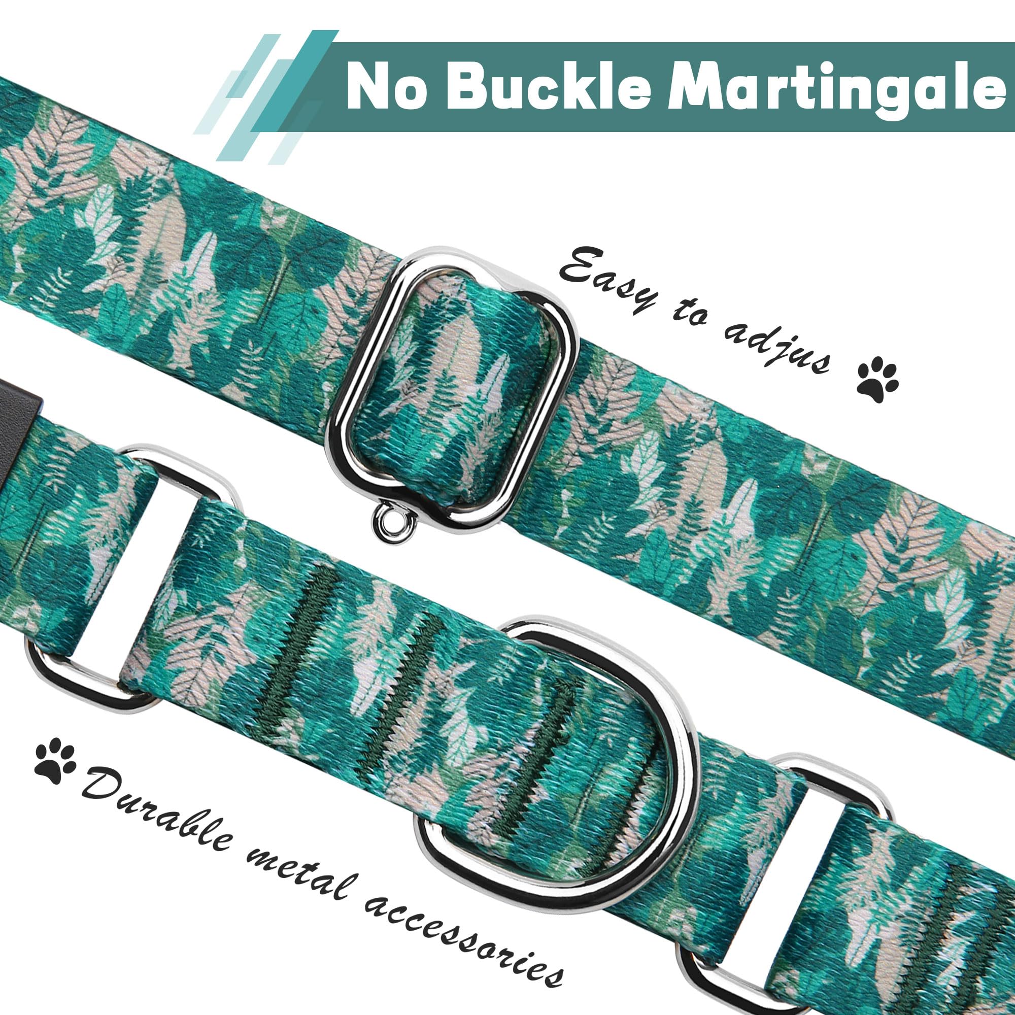 Hikiko Martingale Collar For Dogs With No Buckle Tropical Holiday Dog Collars For Medium Dogs,Green Leaves,M