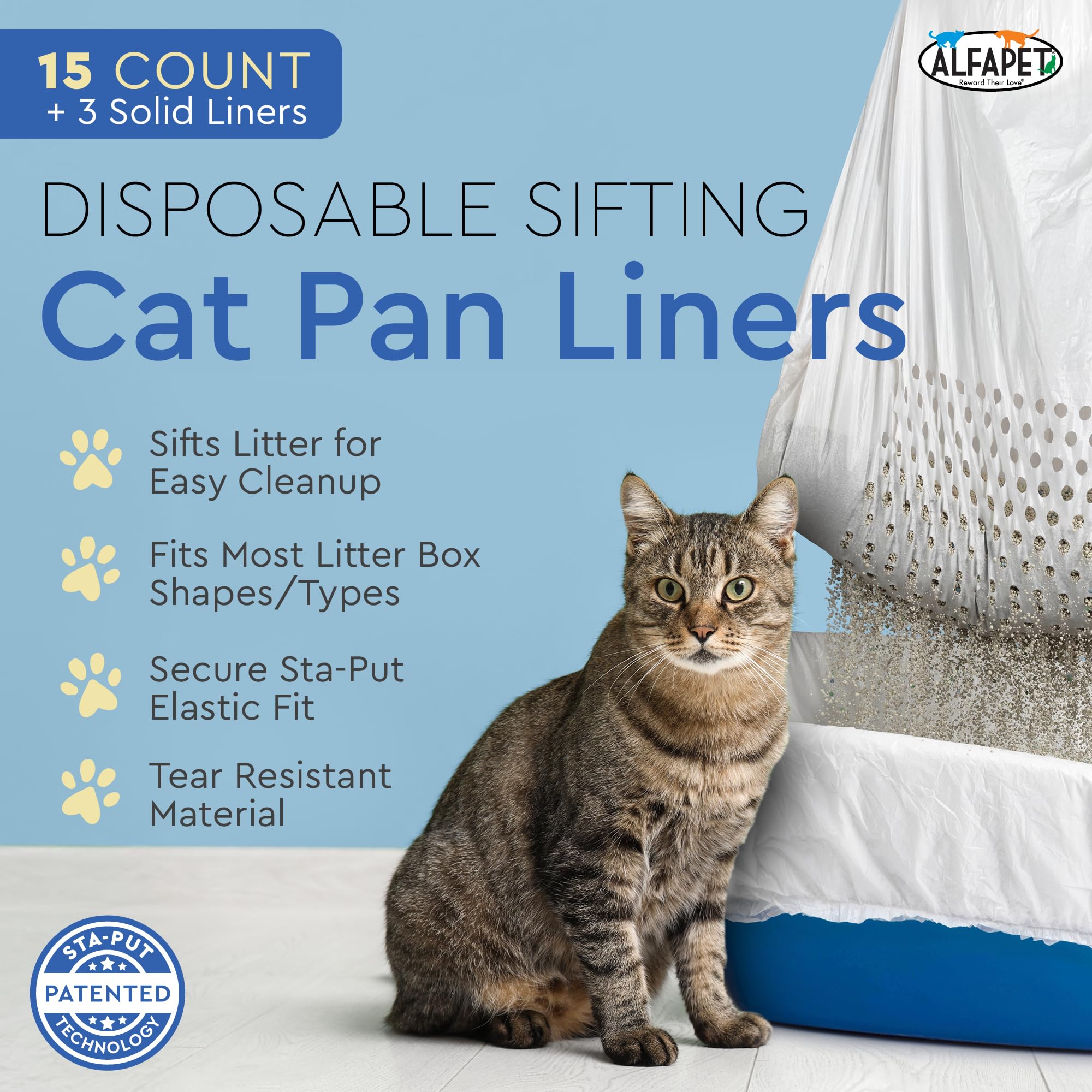 Alfapet Sifting Cat Litter Box Liners - Jumbo 15 Count, Pack Of 5 - Tear-Resistant Cat Litter Bags, Waterproof Kitty Litter Liners, Fits Litterbox Pan Sizes X-Large, X-Giant, 37' X 18' 30 Lb Capacity