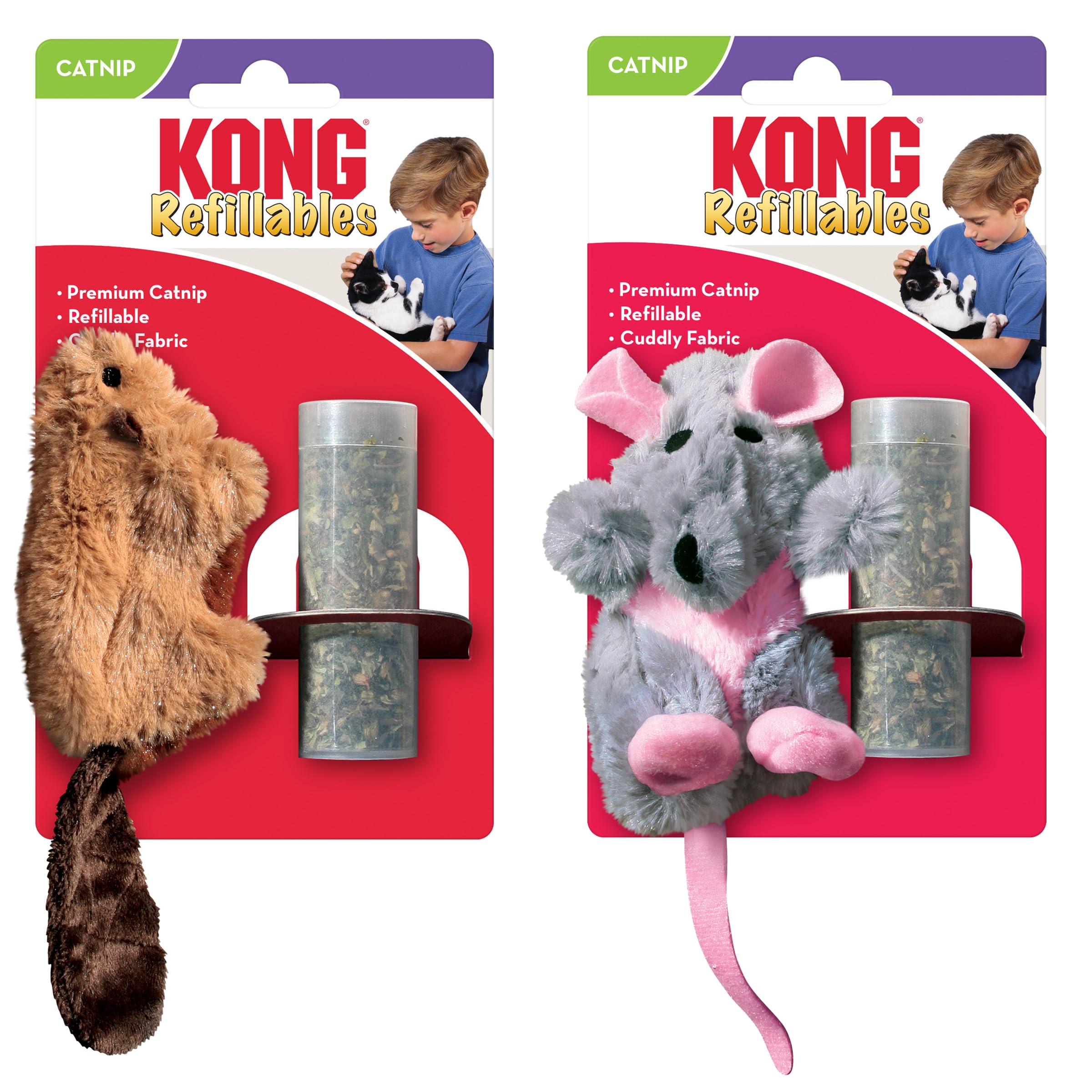 Kong Refillables Catnip Toys, Assorted 2-Pack - Plush Cat Toys With Refillable Catnip Pouch & Premium North American Catnip (Bea