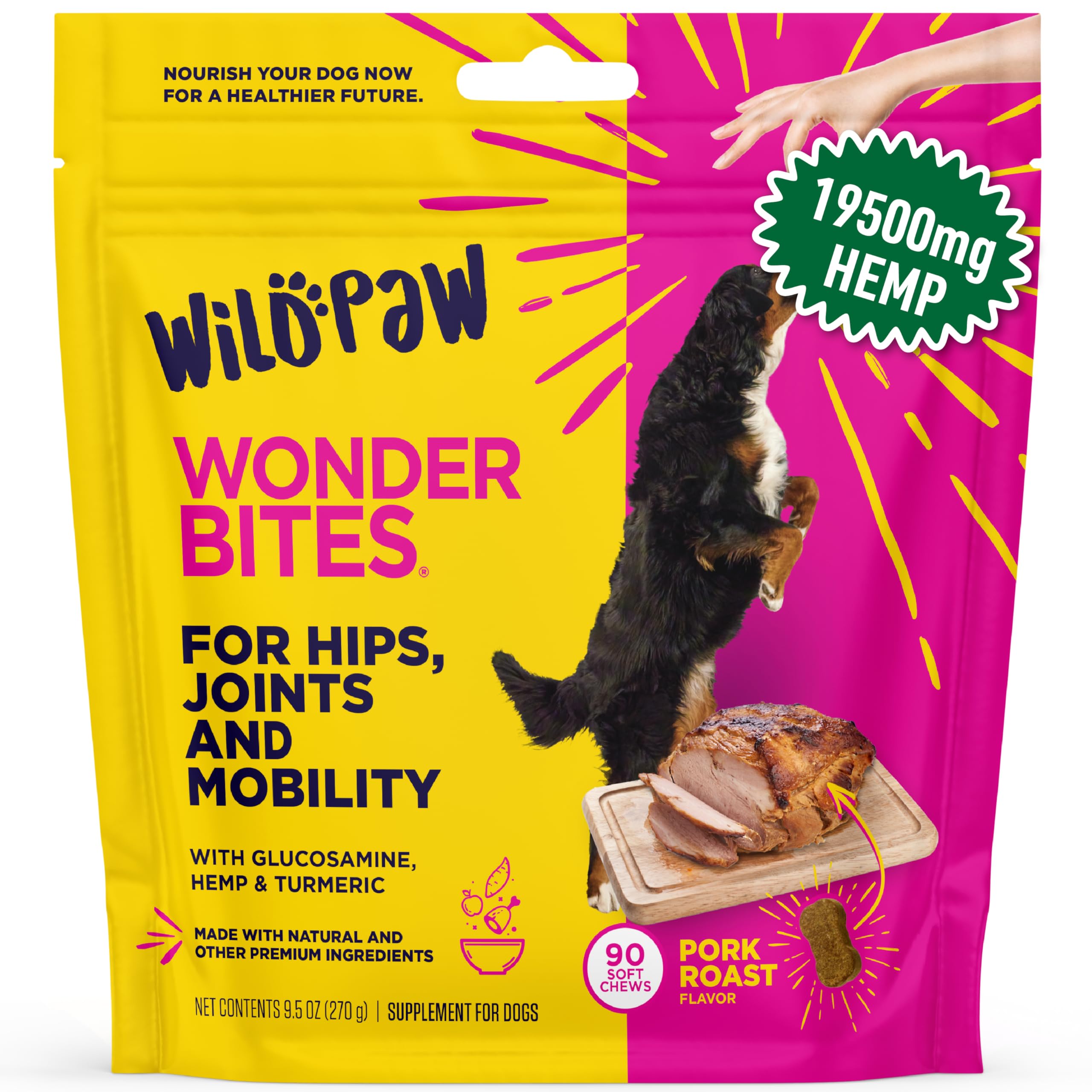 WildPaw WonderBites Hemp for HIPS, Joints, & Mobility -90 Soft Chews- Improves Mobility, Reduces Pain - Glucosamine, MSM, Hyalur