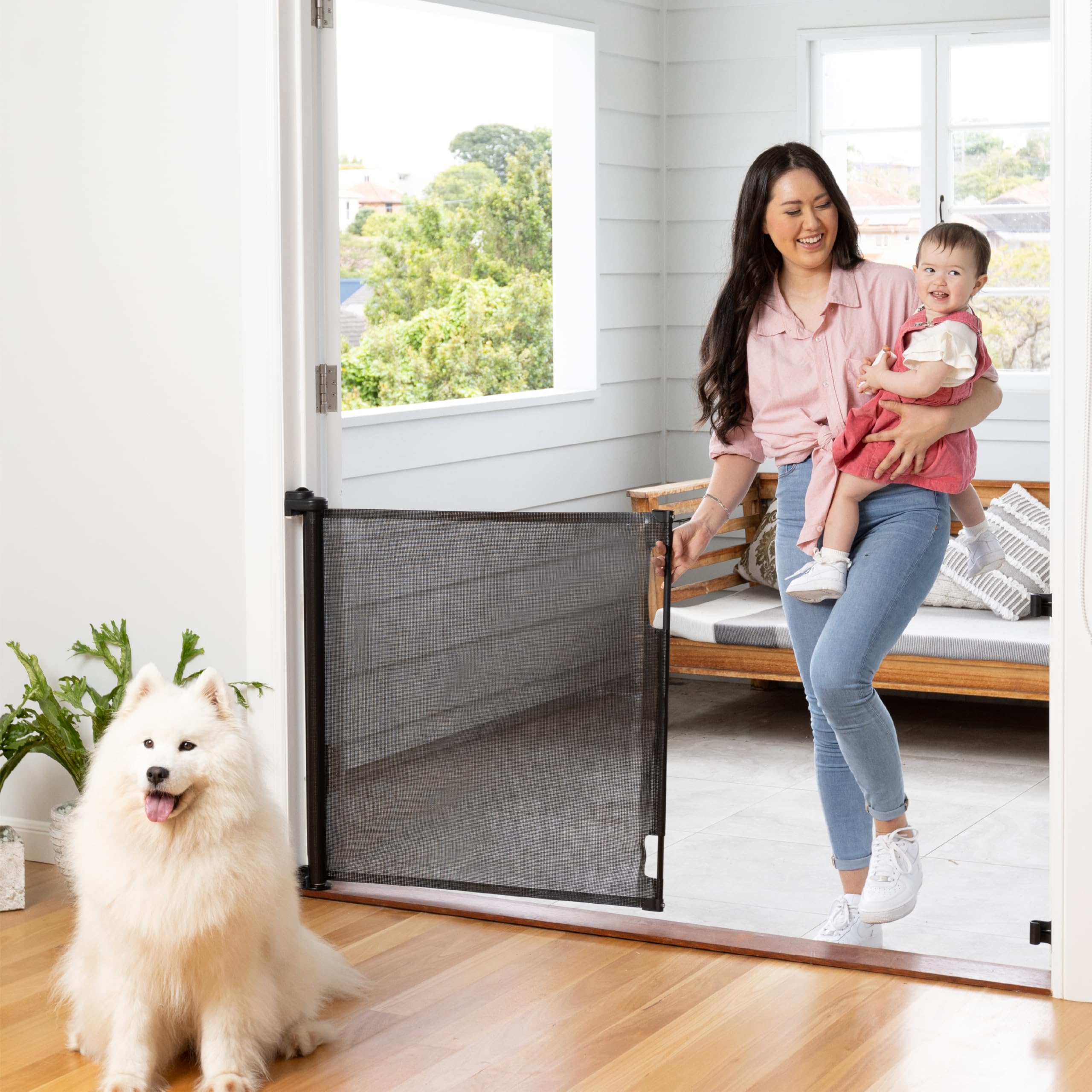 Retractable Baby Gate Perma Child Safety 33' Tall X 71” Wide, Mesh, For Stairs, Doorways, Dogs, Pets, Indoor, Outdoor, One-Handed Operation, Locking, Easy Install, Hardware Mount, Black