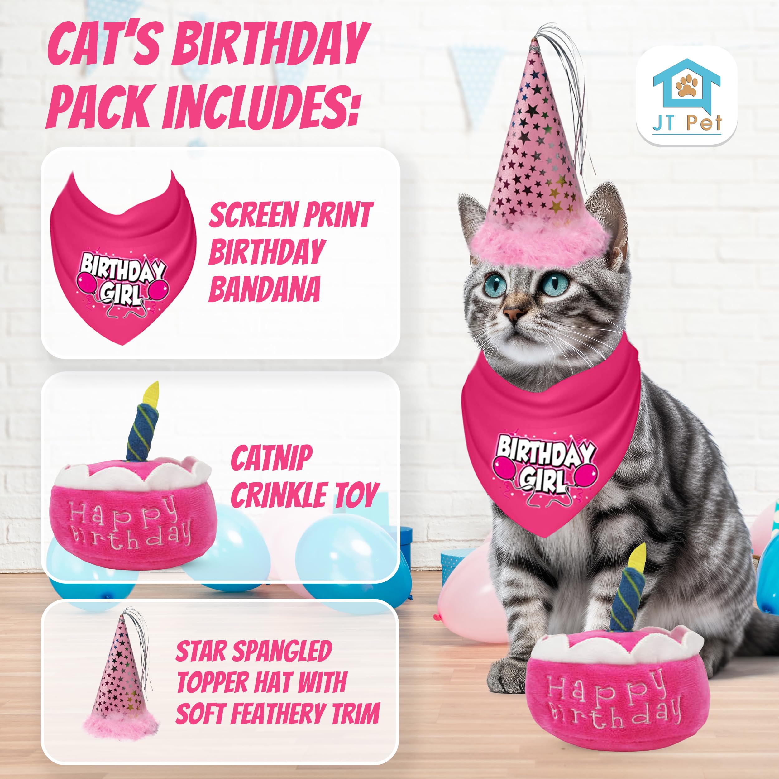 Jt Pet Cat Birthday Girl Party Pack With Bandana, Star Spangled Pink Party Hat With Adjustable Elastic, Tassels And Feathery Tri