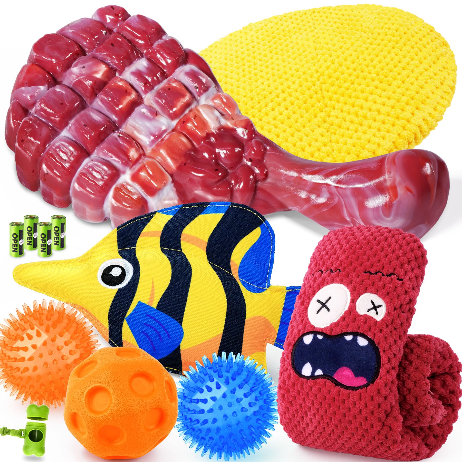 KIPRITII 12-Pack Large Dog Chew Toys for Aggressive Chewers - Includes Tough Chew Bone, Interactive Tug Toys, Squeaky Toys, Grea
