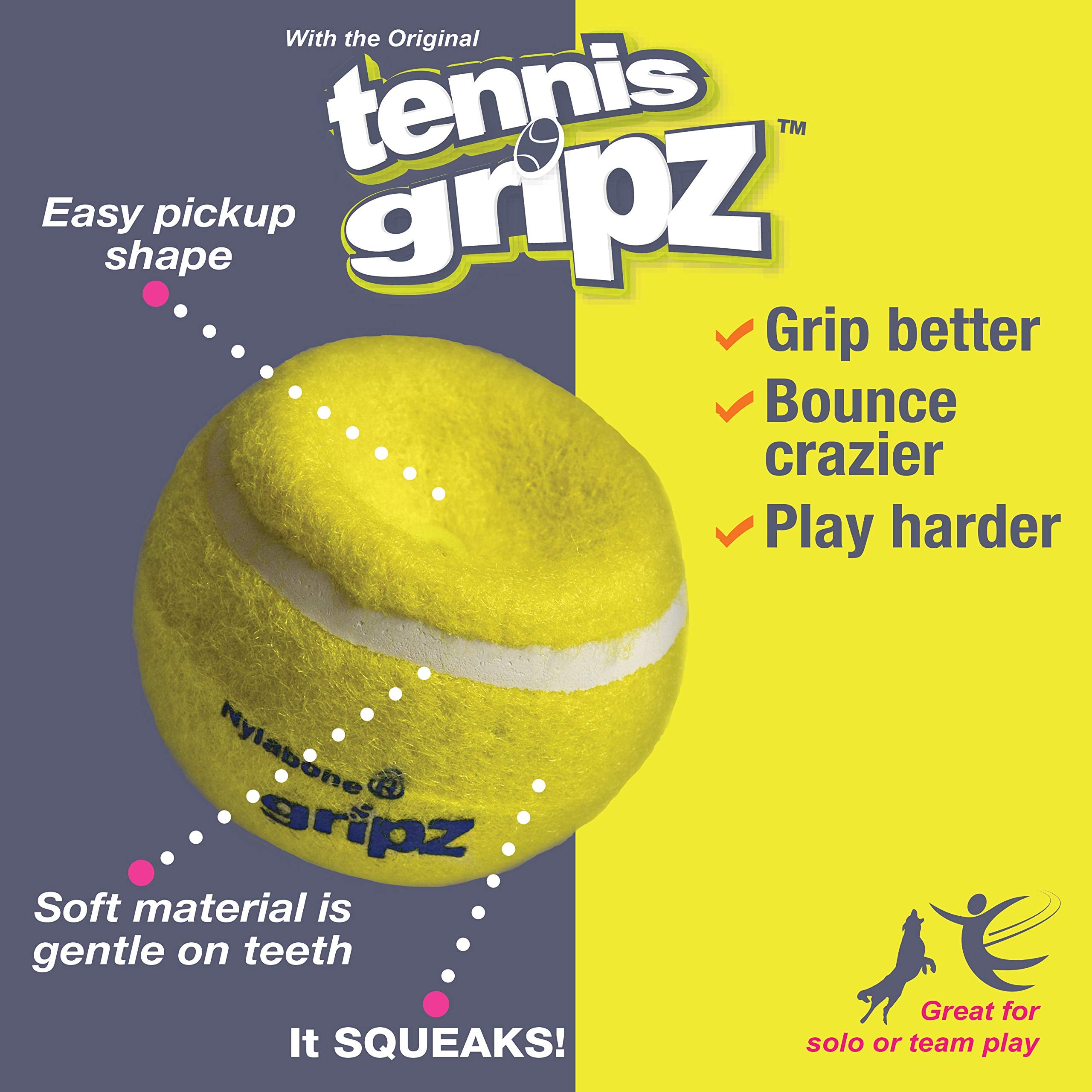 Nylabone Power Play Tennis Gripz Fetch Toy, Squeaky Tennis Ball Chew Toy For Dogs, Large (2 Count)