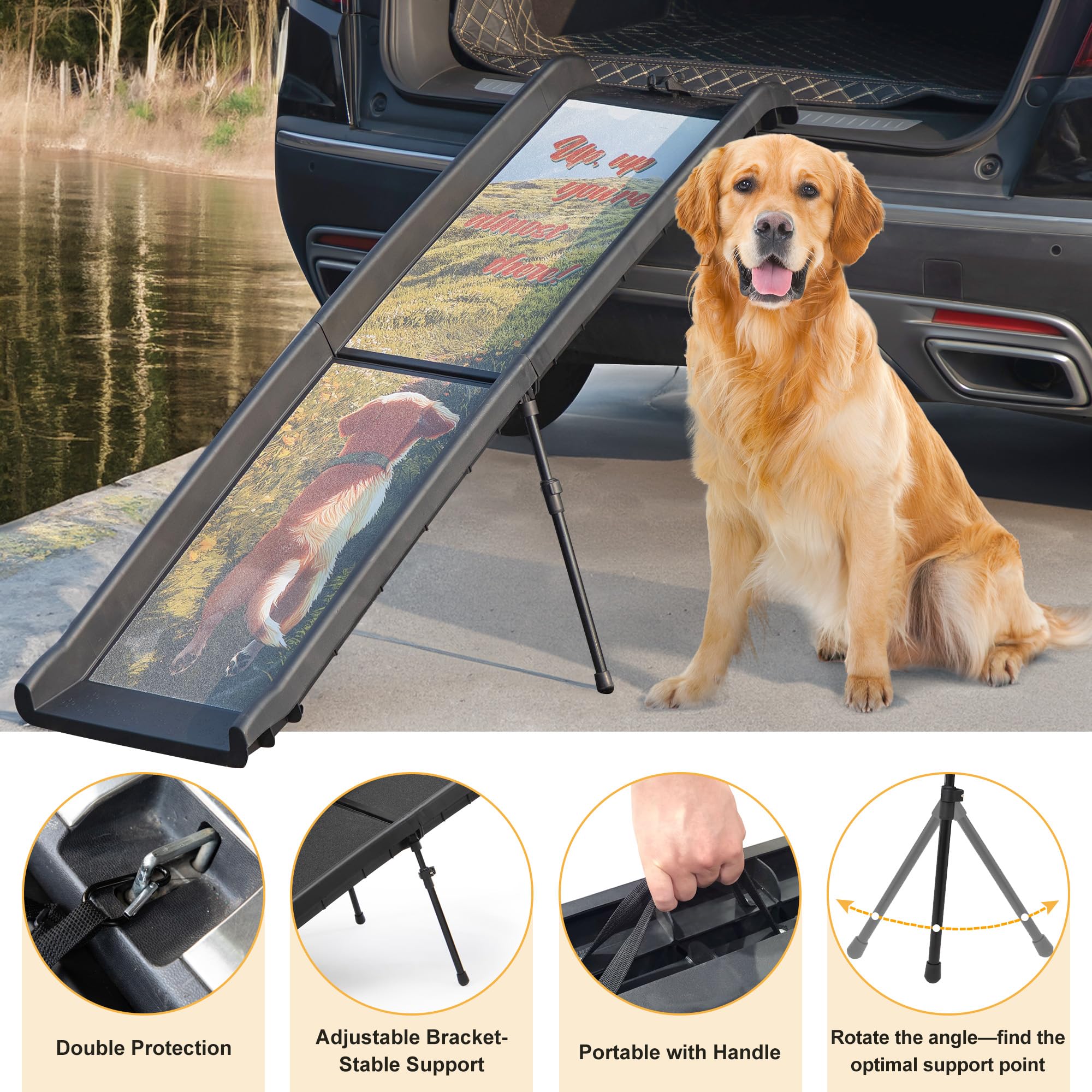 Coziwow Foldable Dog Car Ramp With Adjustable Support Legs,Non-Slip Surface Pet Ramp For Large Elderly Dogs Cats,With Decorative