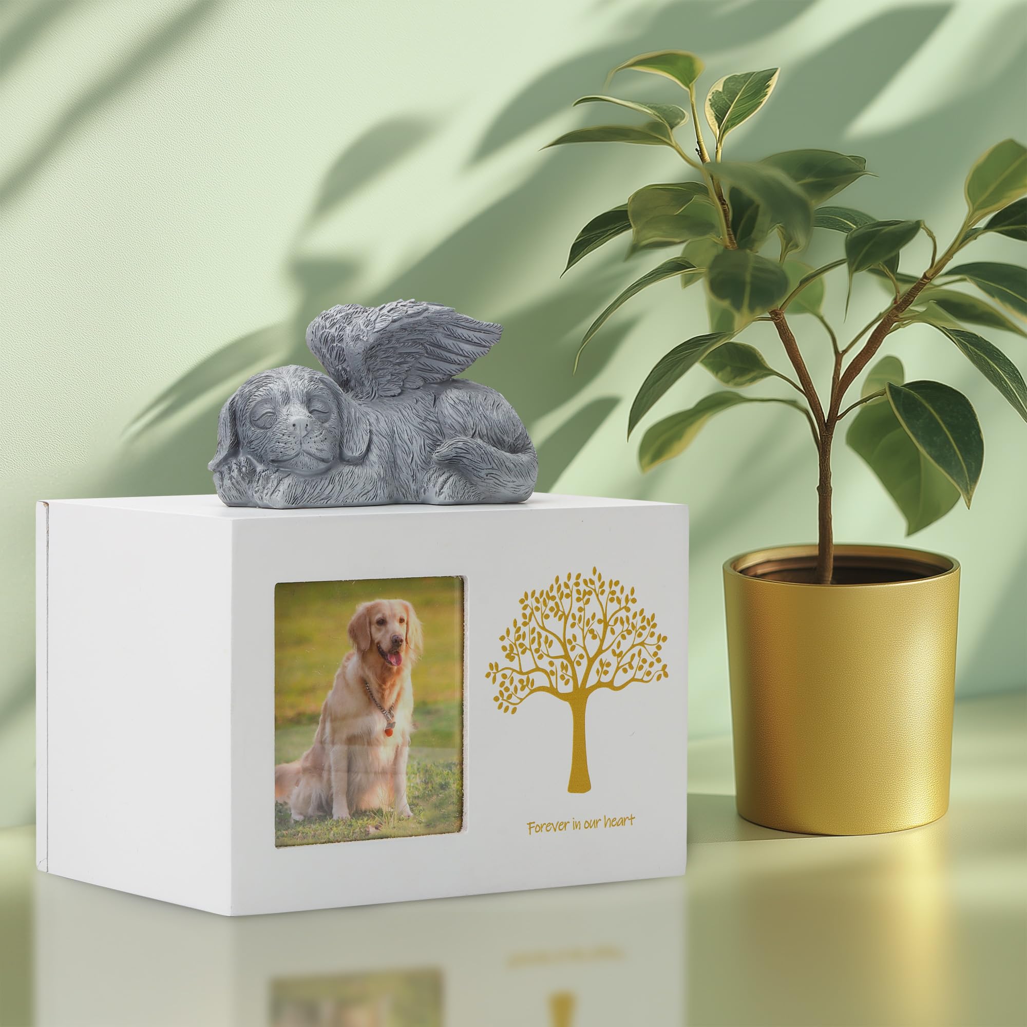 Didibirdi Pet Urn For Dog Ashes, Tree Pattern Wooden White Keepsake With Photo Frame, Memory Box With Resin Animal Statue And Se