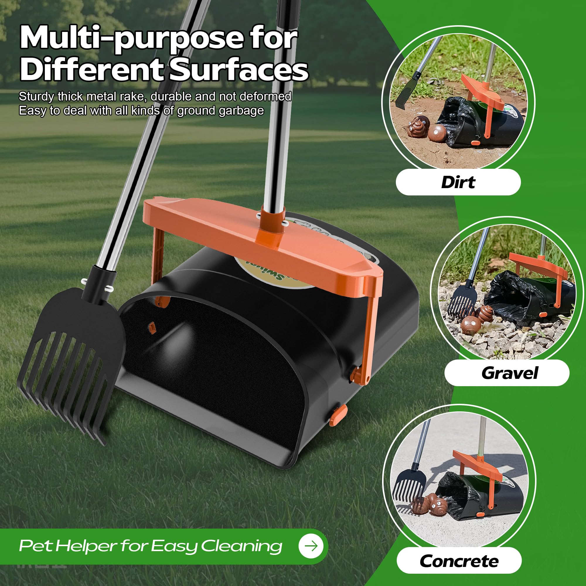 Upsky Dog Pooper Scooper Swivel Bin & Rake Kit With 100 Waste Bags,33.4' Stainless Steel Long Handle Heavy Duty Pet Poop Shovel