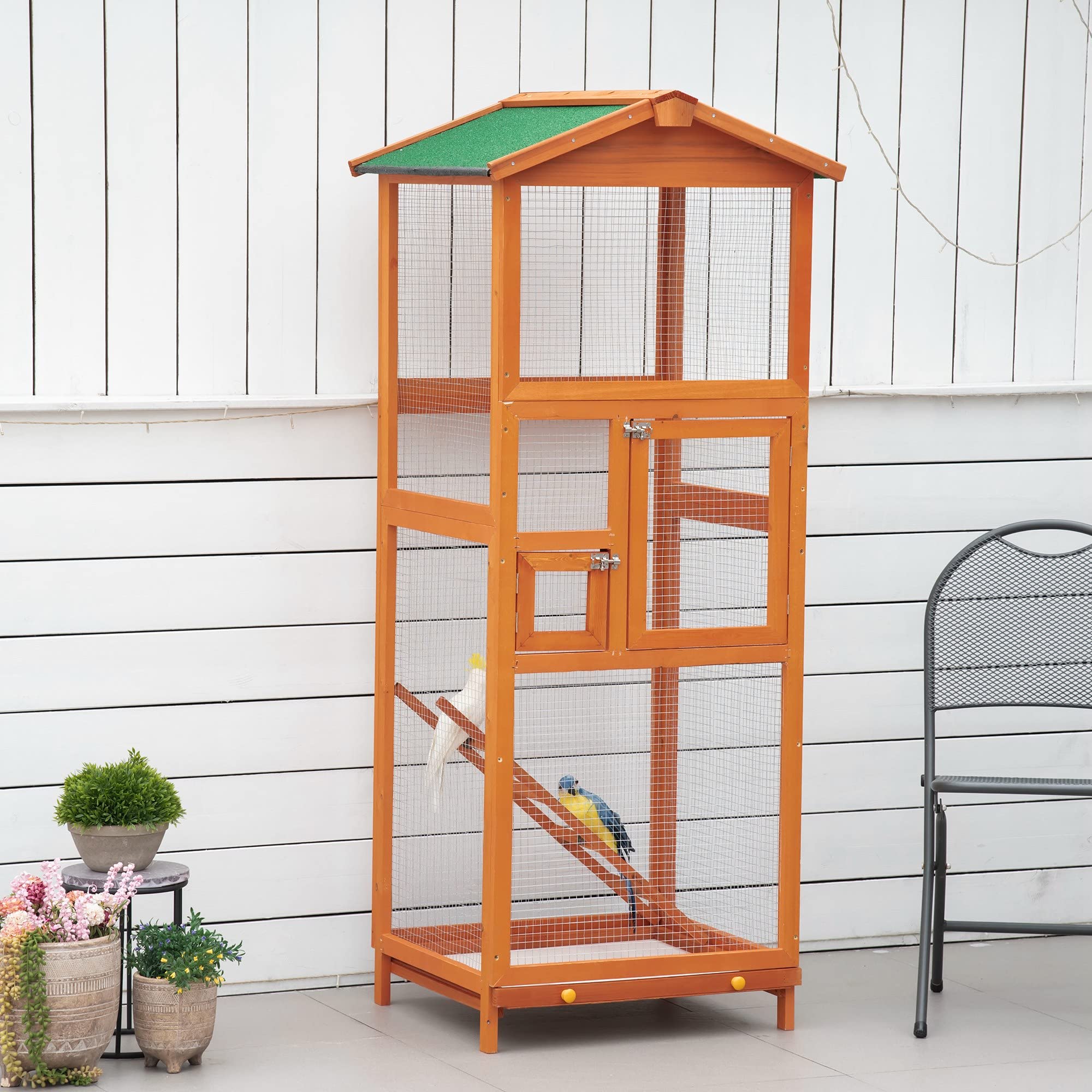 Pawhut 65'' Wooden Bird Cage Outdoor Aviary House For Parrot, Parakeet, With Pull Out Tray And 2 Doors, Natural