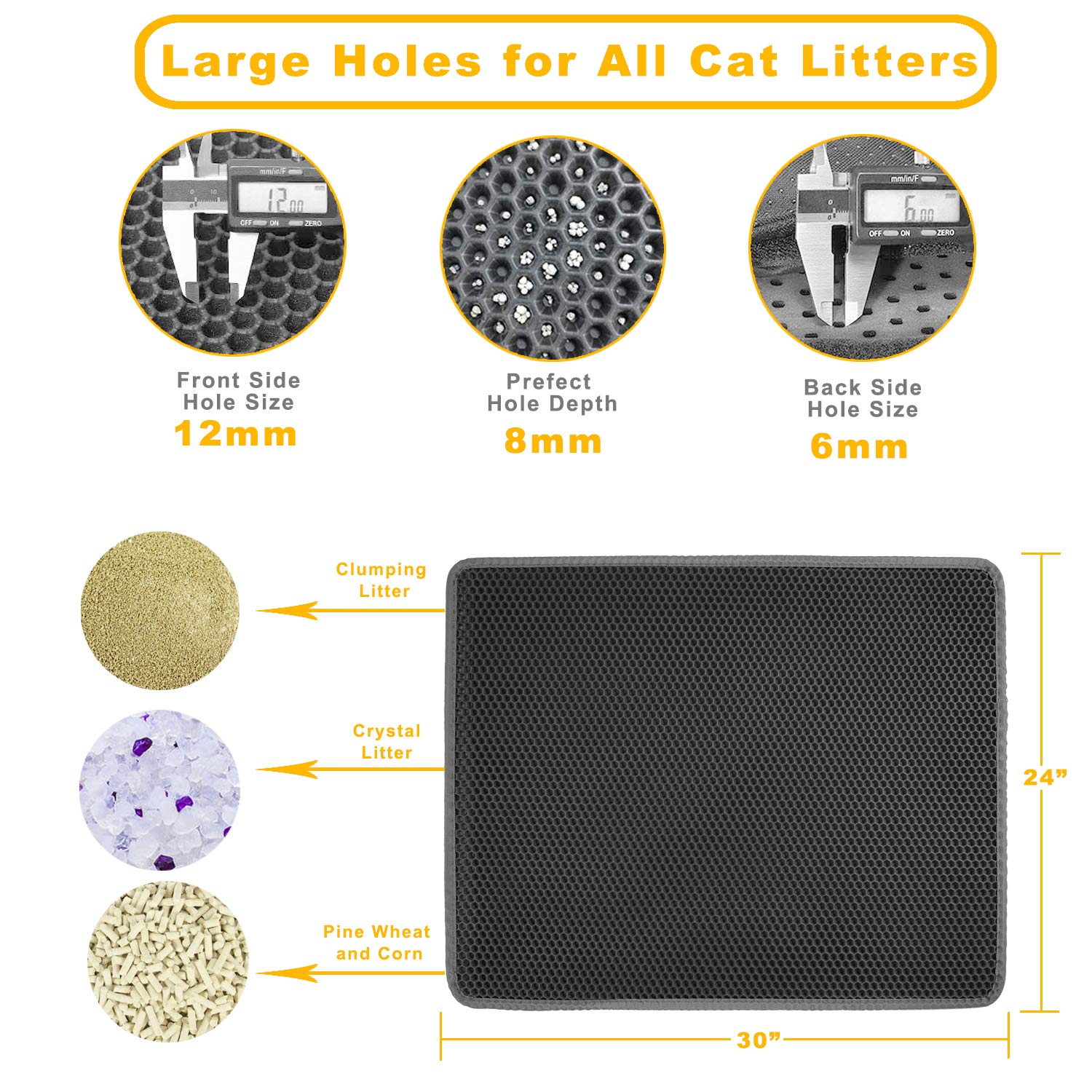 Cat Litter Mat Grey Trapping For Litter Box, Xl Jumbo 30 X 24 In, Urine & Waterproof, Honeycomb Double Layer Anti Tracking Kitty