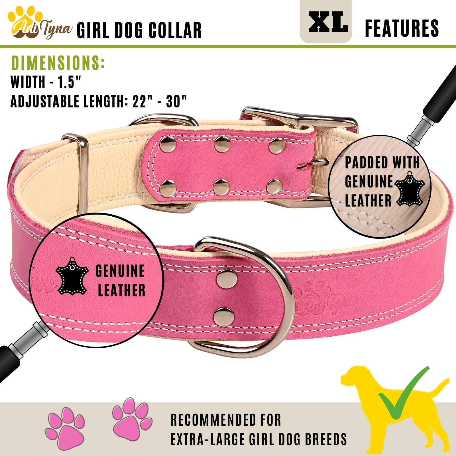 Adityna Heavy Duty Real Leather Dog Collar For Extra Large Dogs - Pink Xl Collar - Soft And Strong Thick Dog Collar With Double Metal Buckle