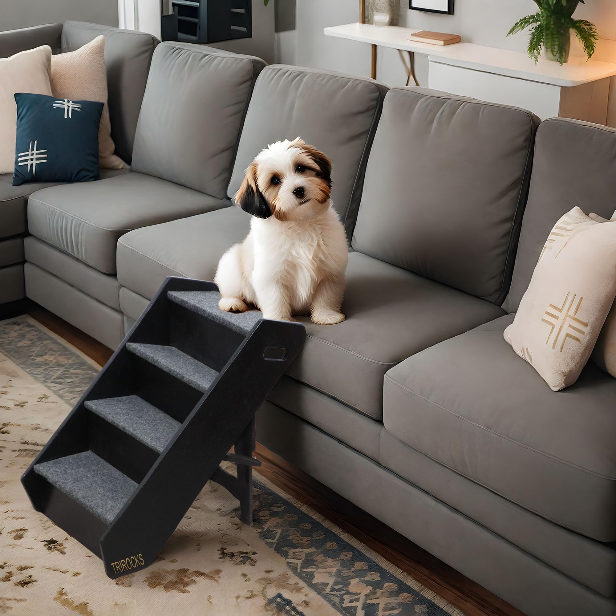 TRIROCKS Wood Pet Stairs Non-Slip Pet Steps - Foldable 4 Levels Dog Stairs & Ramp Perfect for Beds and Cars - Portable Dog/Cat L