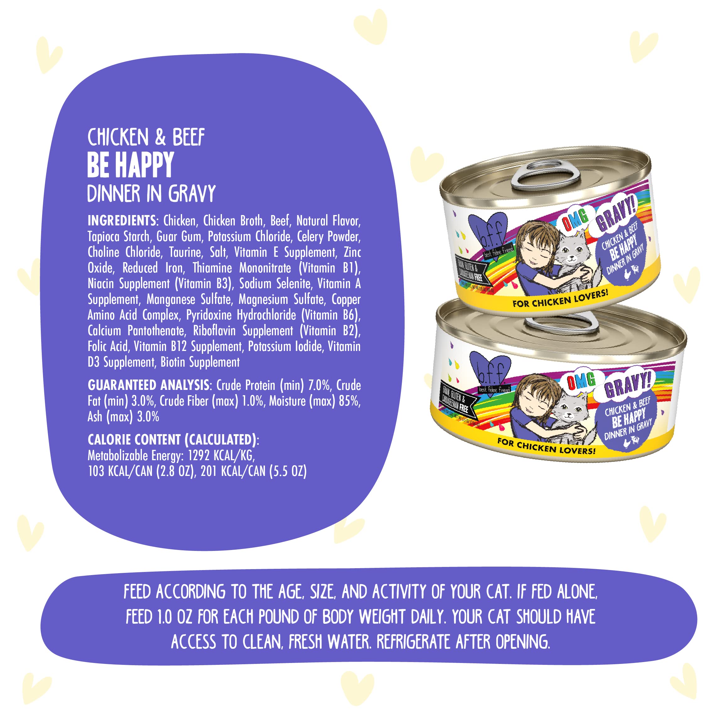 Weruva B.F.F. OMG - Best Feline Friend Oh My Gravy!, Chicken & Beef Be Happy with Chicken & Beef in Gravy, 5.5oz Can (Pack of 8)