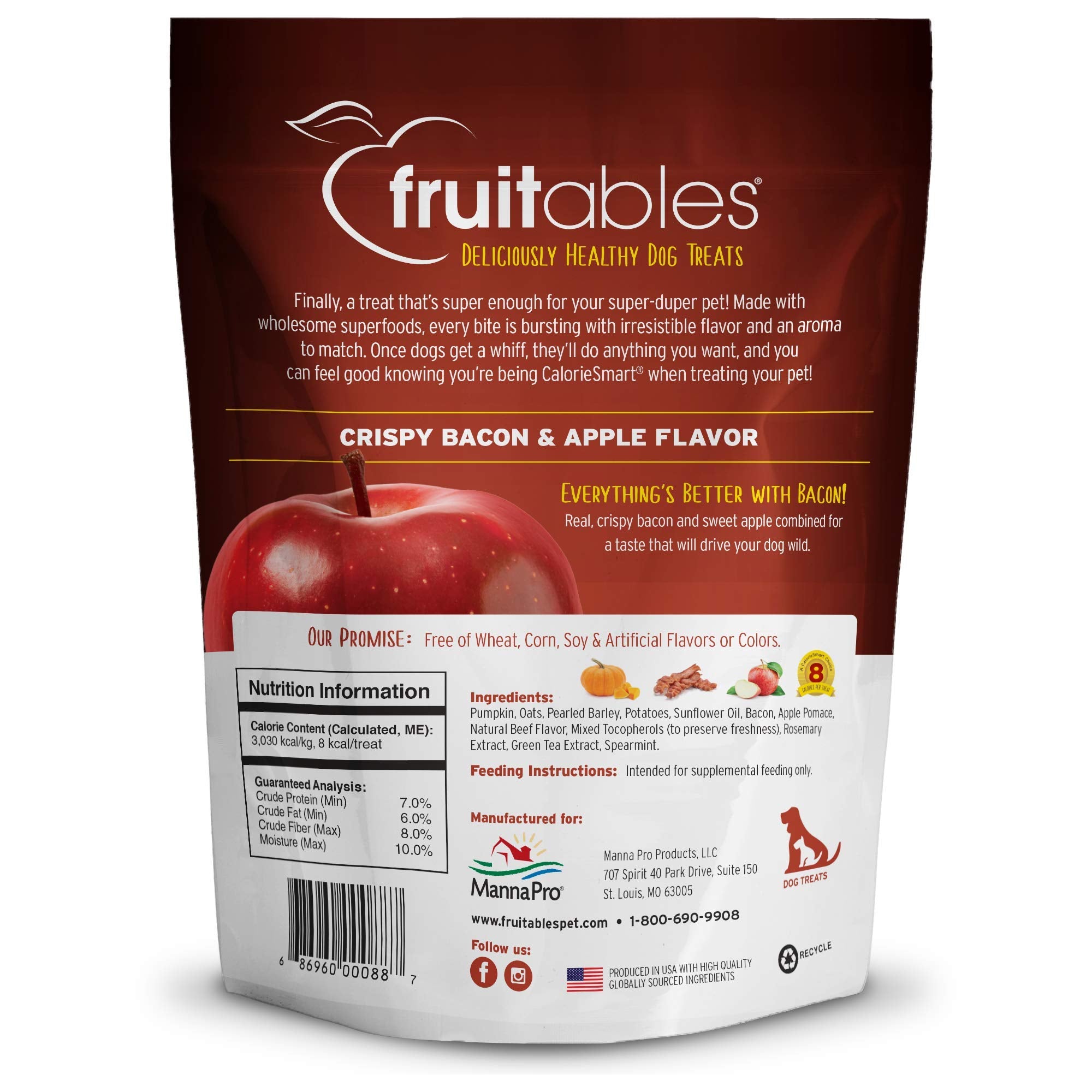 Fruitables Baked Dog Treats - Healthy Low Calorie Pumpkin Treats - Free of Wheat, Corn and Soy - Cripsy Bacon and Apple - 12 Oun