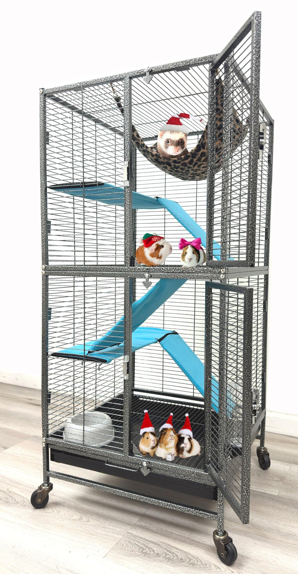Deluxe Two Full Story Double Unit 4-Tiers Chew-Proof Tight 1/2-Inch Bar Spacing Double Durable Front Doors Feisty Ferret Hammock