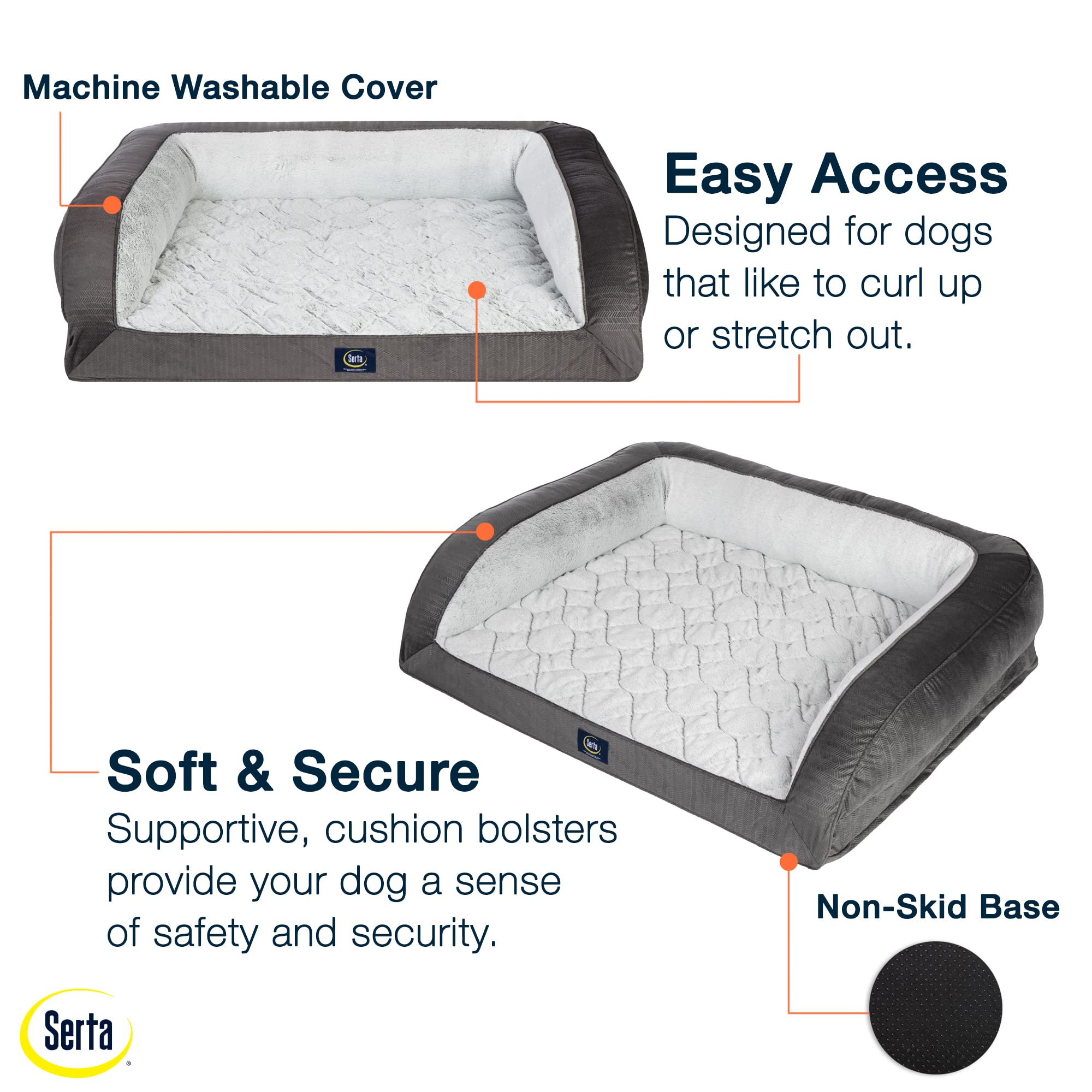 Serta Orthopedic Quilted Couch Dog Bed For Pets - Slate Gray (Large)