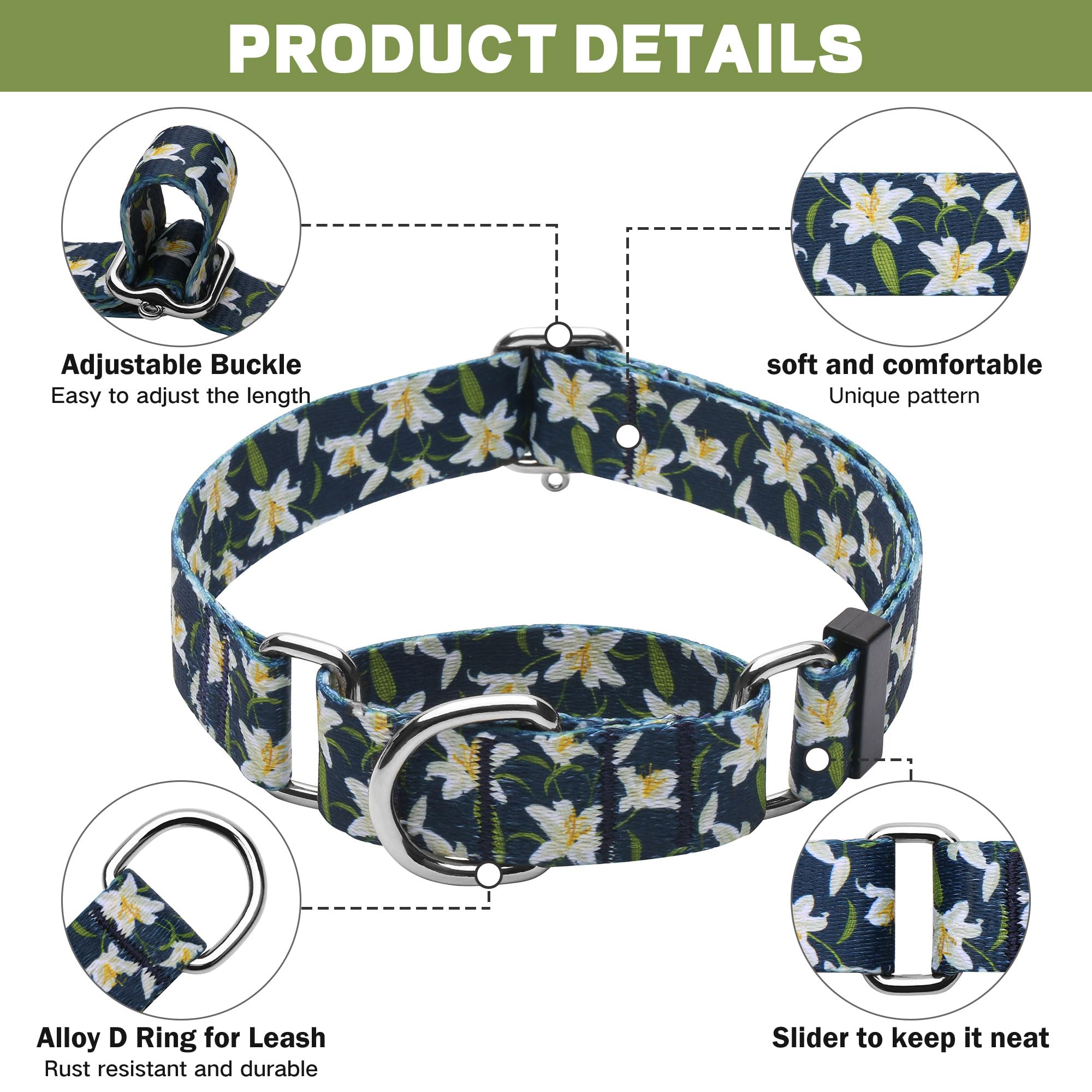 Hikiko Martingale Collar With No Buckle Cute Girl Female Floral Dog Collars For Medium Dogs,Lily,M