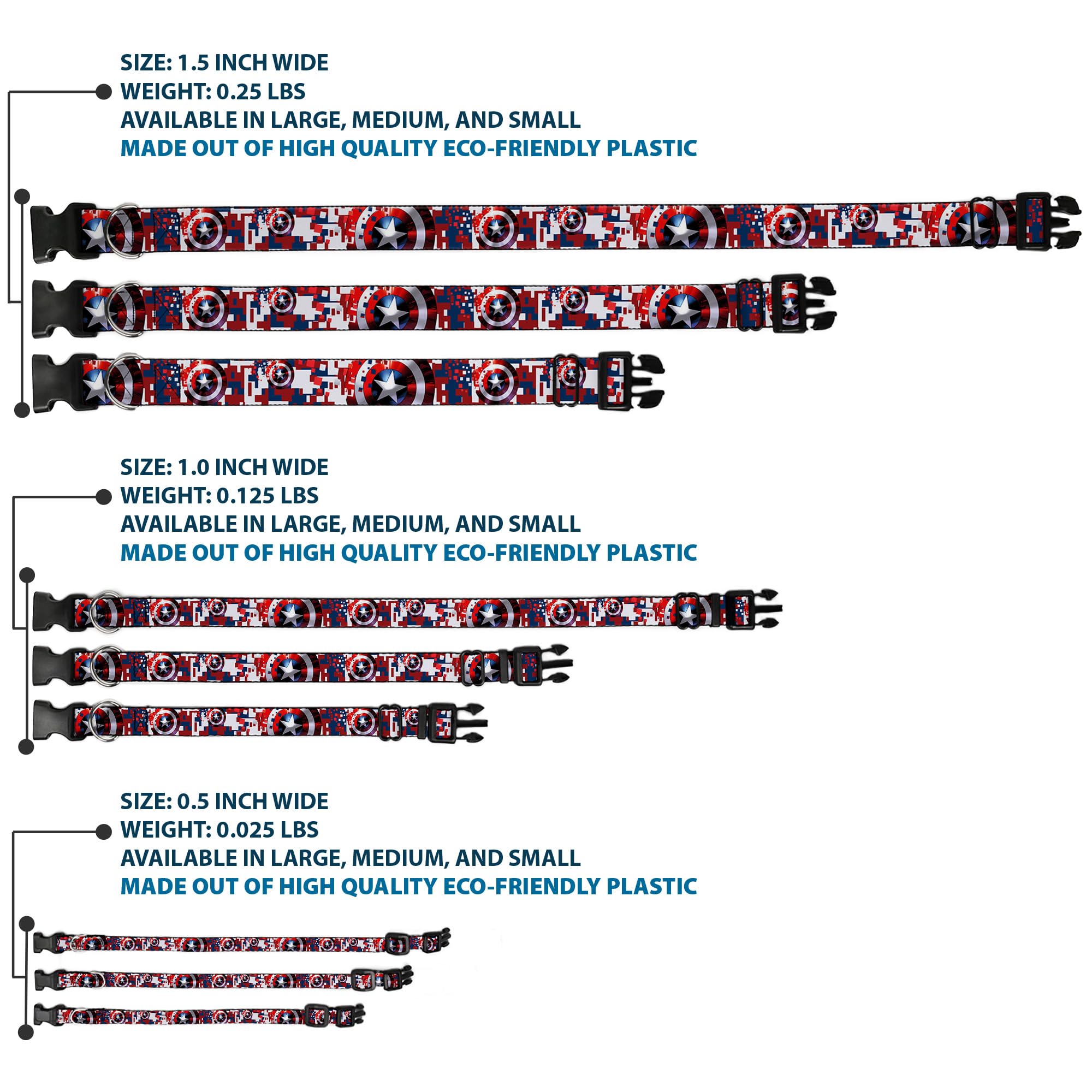 Dog Collar Plastic Clip Captain America Shield Digital Camo Blue White Red 6 To 9 Inches 0.5 Inch Wide