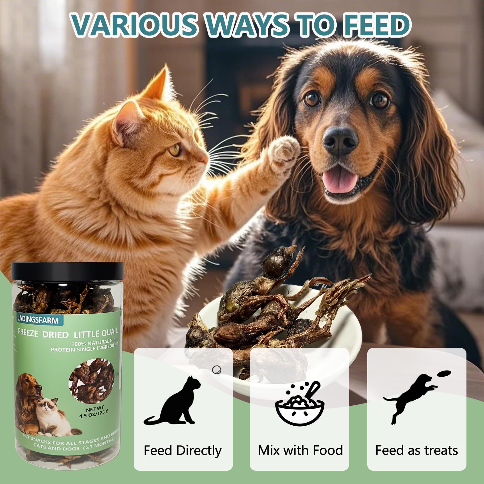 Freeze Dried Little Quail, 4.5 Oz Quail Dogs Cat Treats, Single Ingredient Freeze Dried Cat and Dog Treats Delicious Training Sn