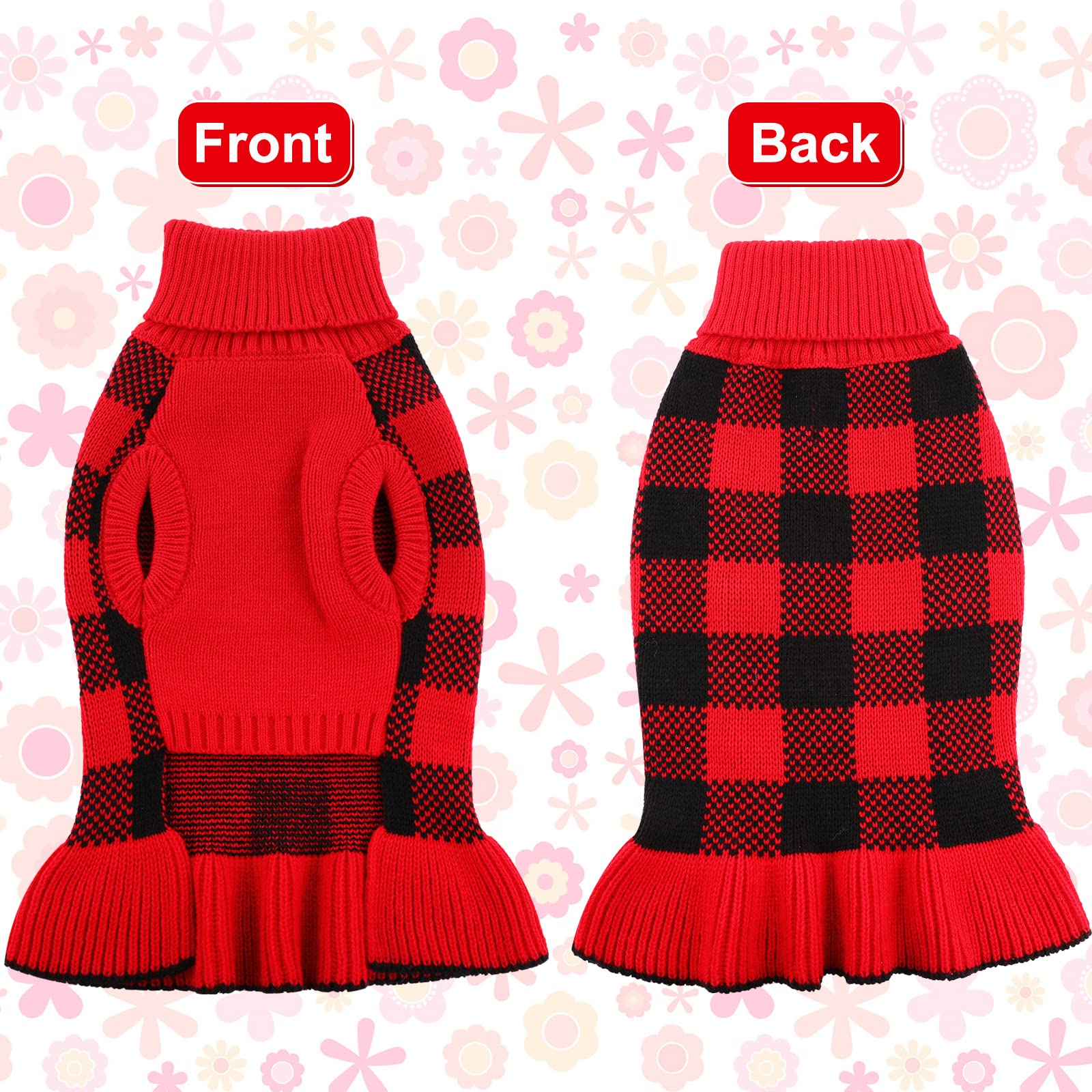 Lelepet Dog Sweater Dress - Classic Plaid Turtleneck Pullover Knitwear For Small, Medium & Large Dogs - Red, Christmas, S