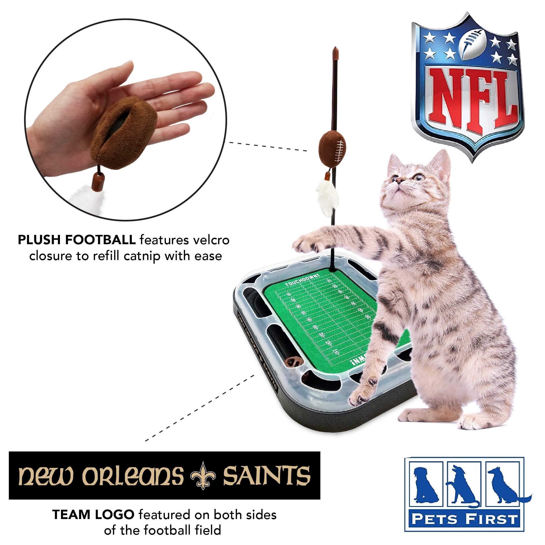 CAT BELL BALL NFL New Orleans Saints Football Field CAT Scratcher Toy with Catnip Filled Plush Football Toy & Feather Cat Toy Ha