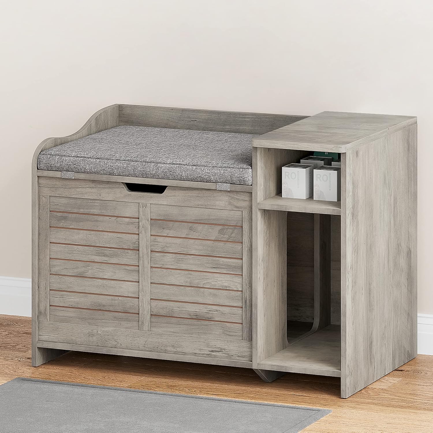 GAOMON Cat Litter Box Enclosure, Large Hidden Litter Box Furniture with Top Opening, Cushion, Storage Shelf, Litter Mat, Wooden