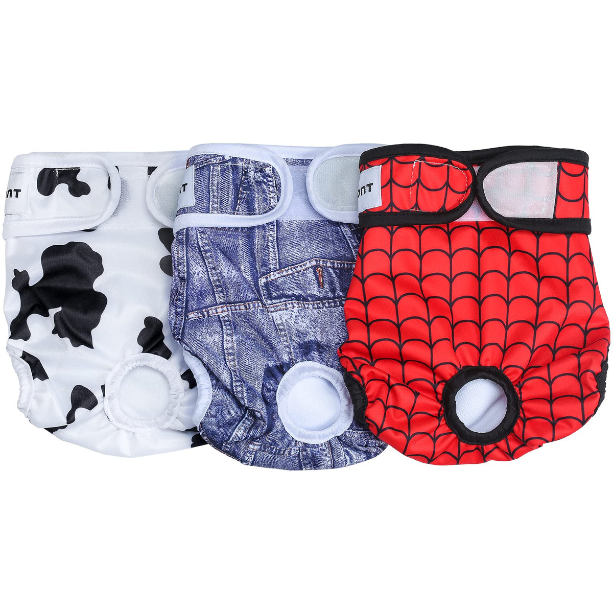 Avont 3 Pack Washable Female Dog Diapers (M/13-19' Waist), Premium Reusable Highly Absorbent Doggie Diapers Wraps Durable Dog Diaper Cover -Web/Milk/Jeans