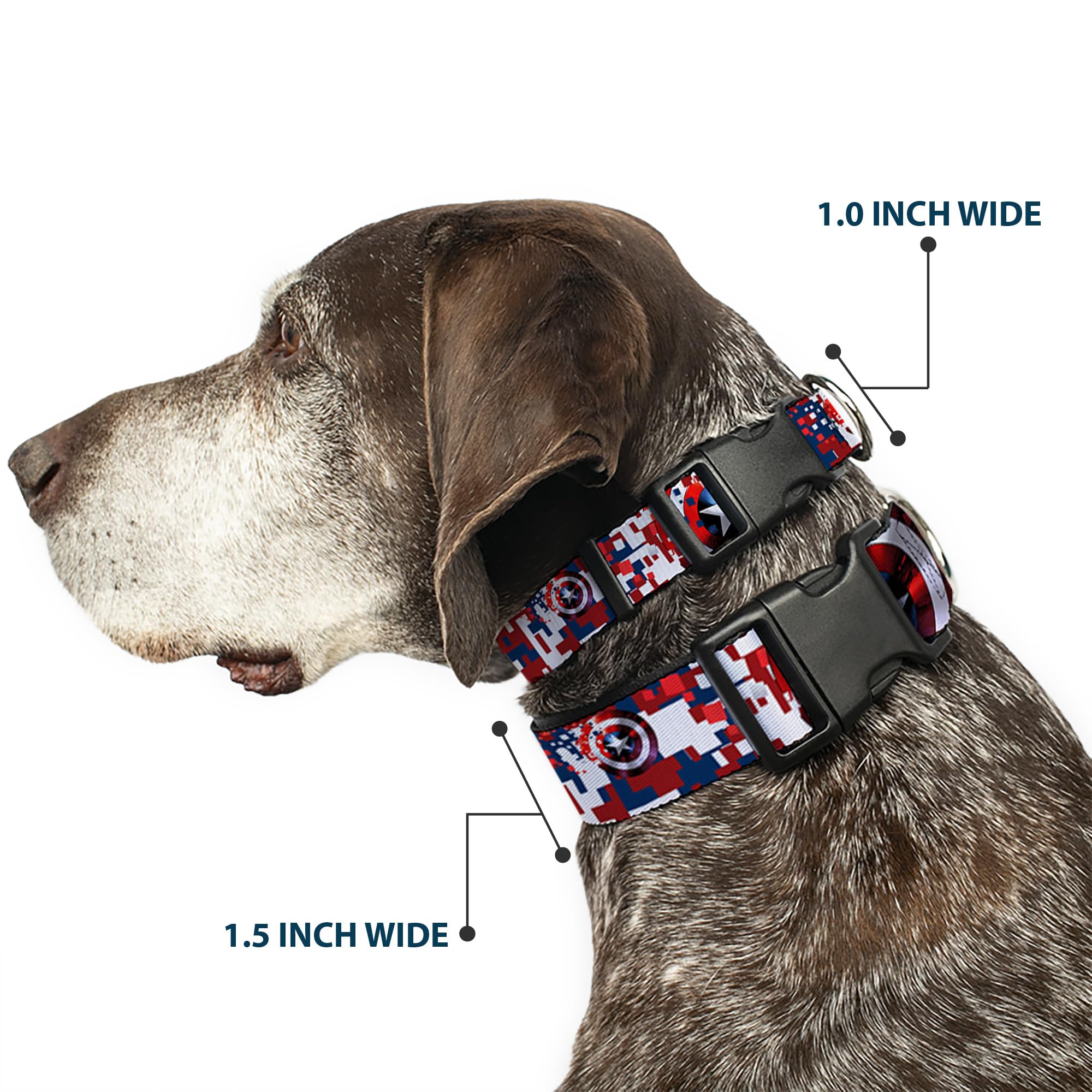 Buckle-Down Dog Collar Plastic Clip Captain America Shield Digital Camo Blue White Red Multicolor, 1 Wide - Fits 11-17 N