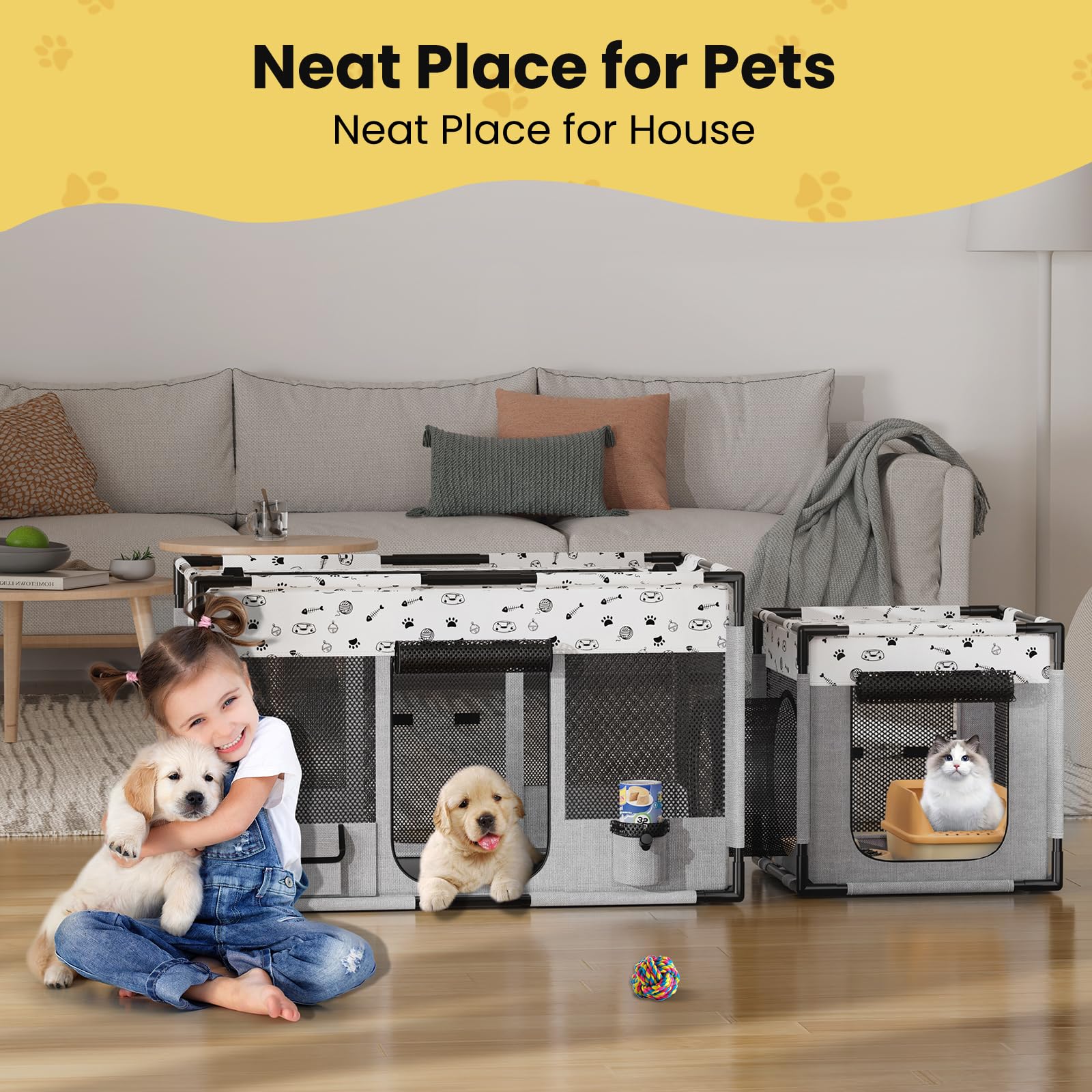 Desell Portable Cat Playpen, Pvc Pipe Reinforced Kitten Dog Pet Playpens For Indoor Cats Enclosed, Foldable Puppy Doggy Play Pen