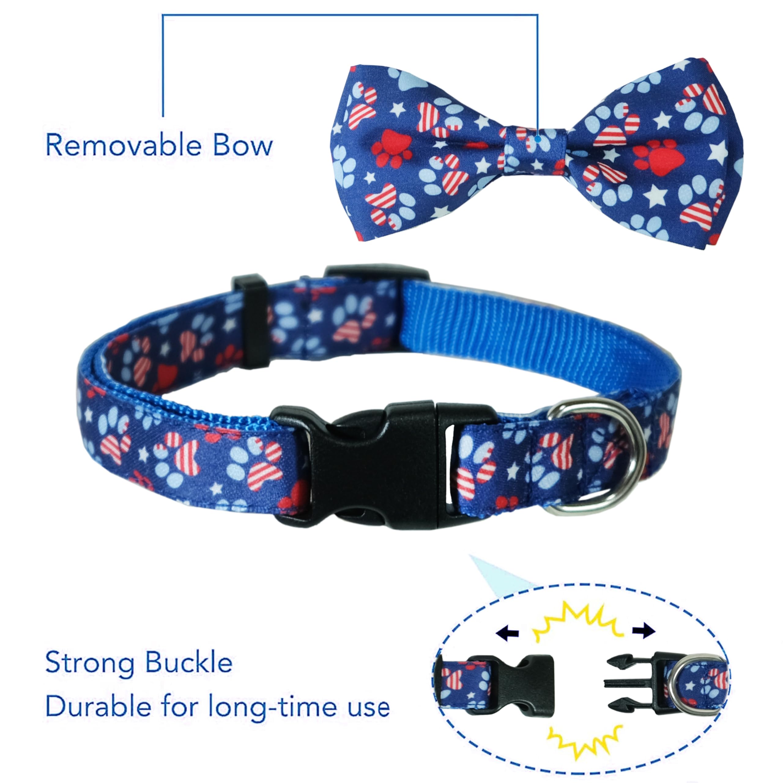 4Th Of July Dog Bow Tie Collar, 2 Pack Holiday Independence Day Patriotic Paws American Stars Collar For Large Medium Small Dogs