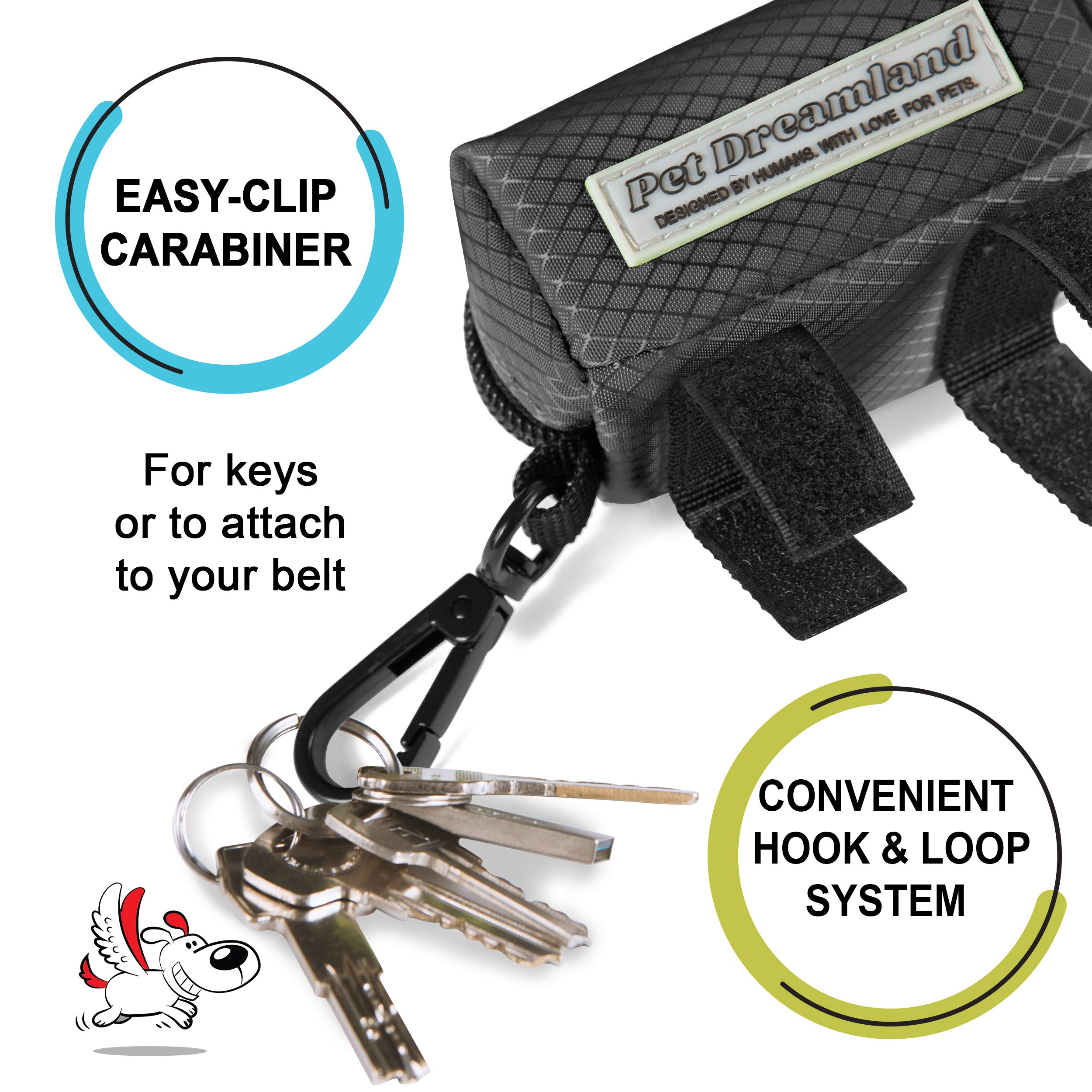 Pet Dreamland Dog Bag Dispenser - Pet Waste Bag Holder Leash Attachment - Includes One Free Roll Of Poop Bags - Zippered Pouch,