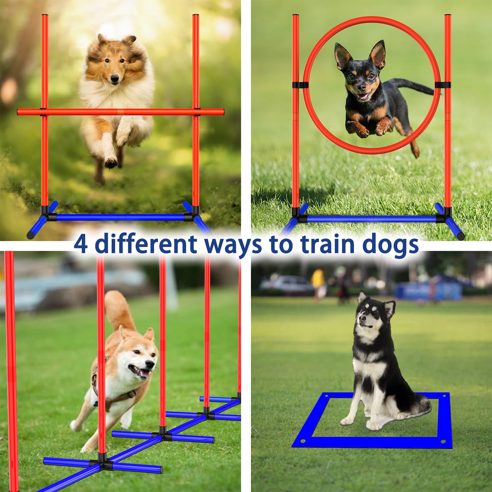 Ahailuoo 4 Sets Pets Agility Training Equipment, Adjustable Dog Hoop, Dog Jump, Weave Poles And Pause Box,With Independent Packa