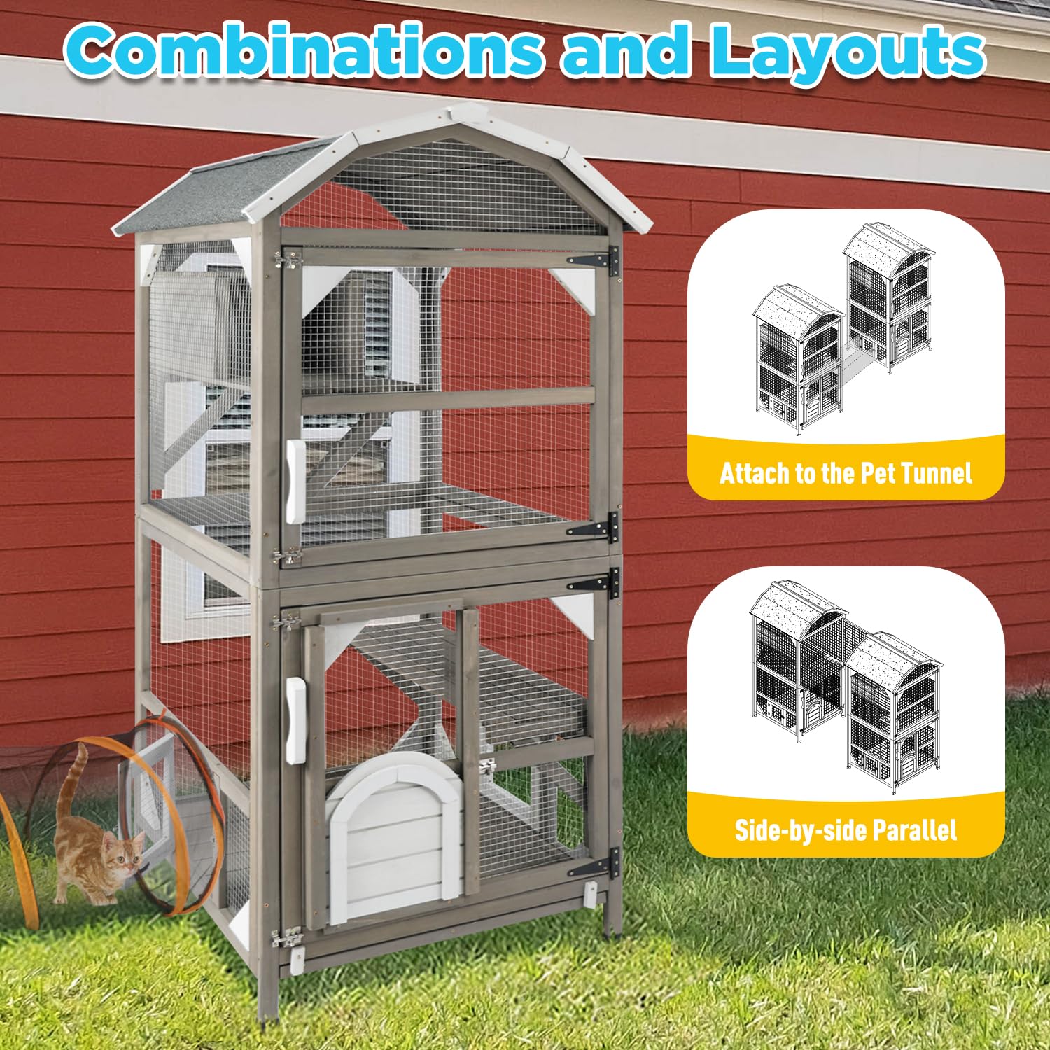 Gowoodhut 71'' Large Cat House Outdoor Catio Enclosures Indoor Kitten Cages With Attachable Window Resting Box,Waterproof Roof